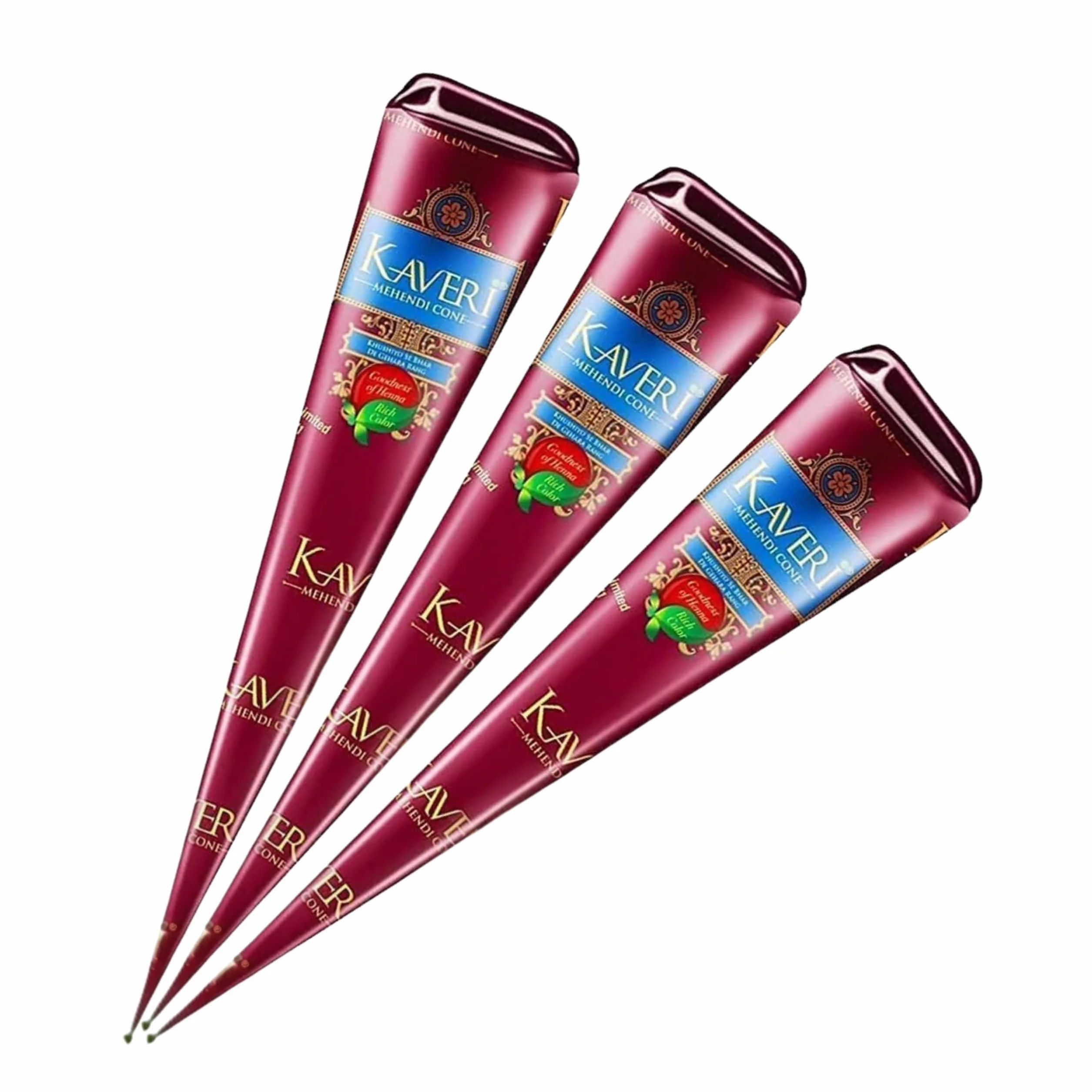 Kaveri Cono Naturale 3 x 25g - Senza PPD & Sostanze Chimiche Lunga Durata | Dermatologicamente Testato Per Decorazioni Creative Facile da Applicare mit Kajal Adesivo