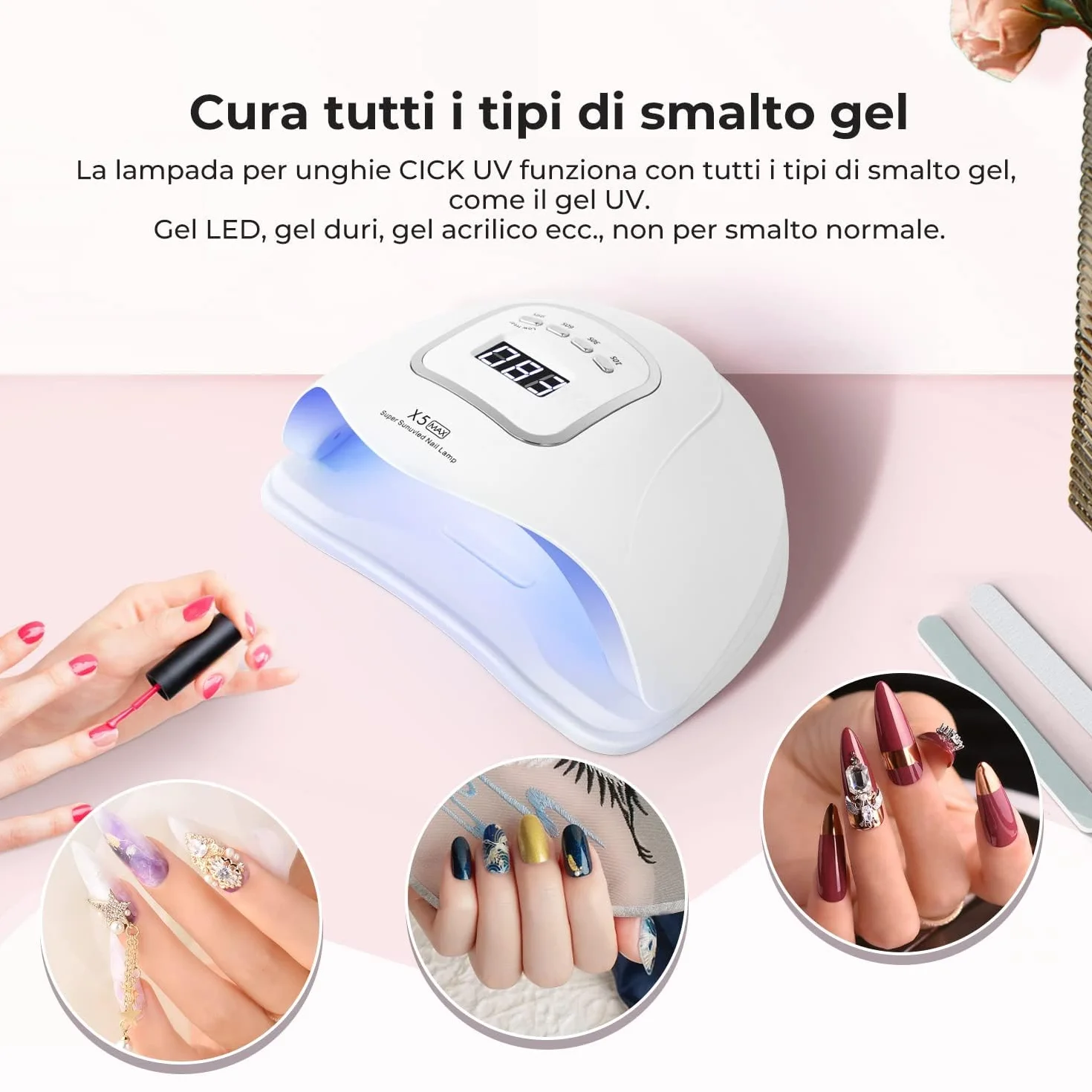 Lampada UV per Unghie 150W Portatile LED Asciuga Smalto Sensore Doppia Velocità 4 Timer Display LCD Fornetto Manicure Bianco