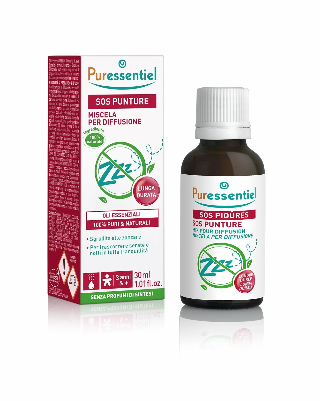 Puressentiel – SOS PUNTURE – Oli Essenziali per Diffusione – 100% puri e naturali – Sgraditi alle zanzare – Lunga durata – Profumo piacevole e duraturo – Ideale per serate estive – 30 ml