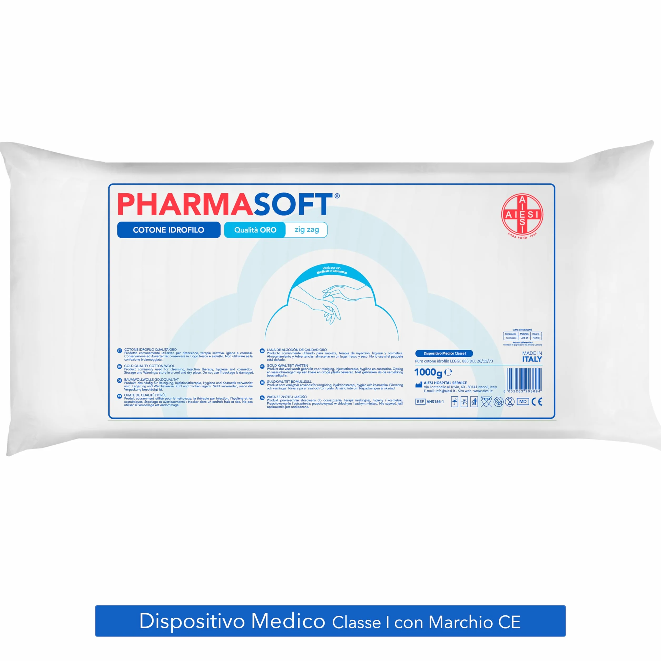 AIESI® Cotone idrofilo (1 kg) qualità oro a zig zag per uso sanitario PHARMASOFT, Made in Italy