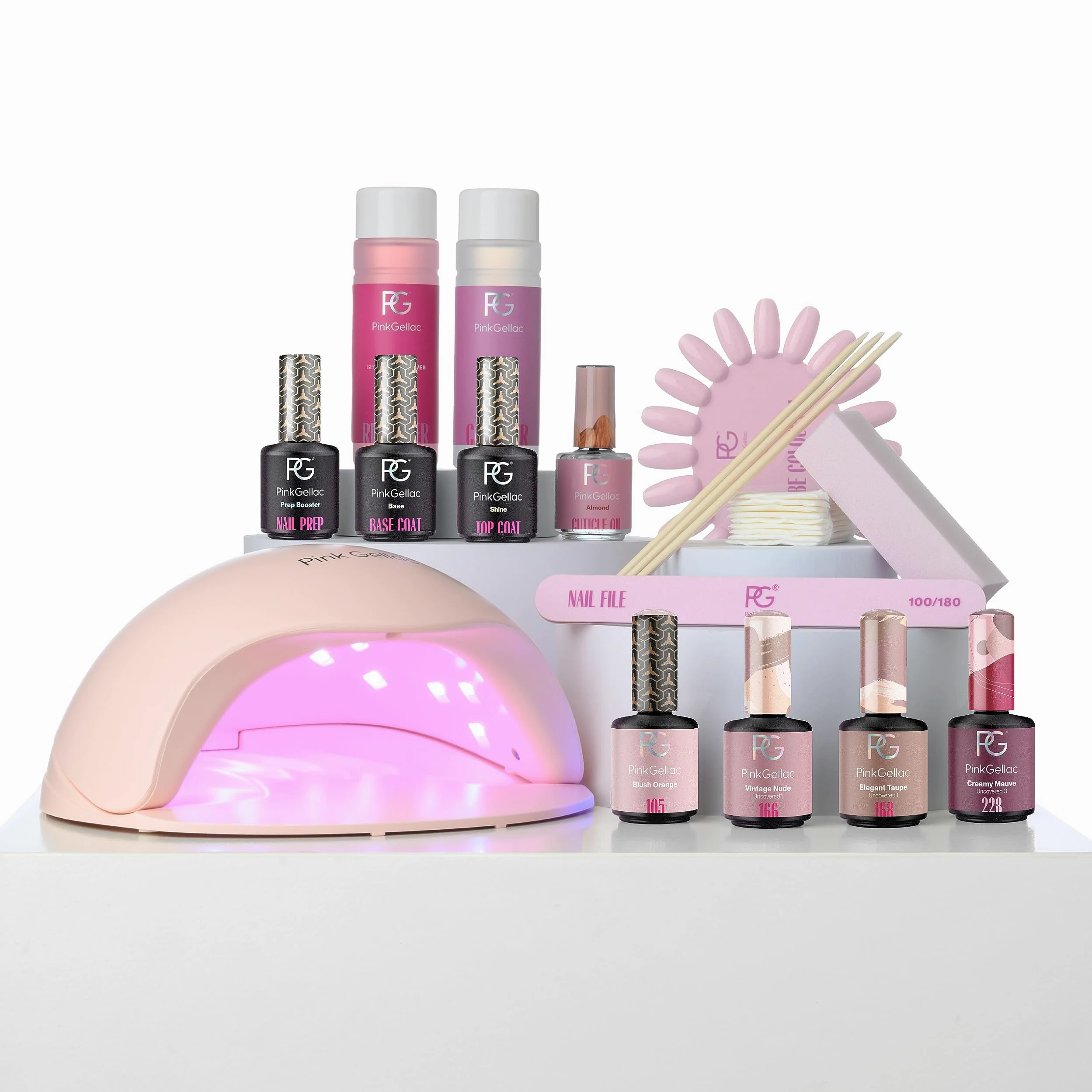 Pink Gellac Set per unghie in gel, set di smalti UV con lampada UV di alta qualità, rosa, 4 tonalità rosa da 15 ml, gel top coat e base coat, lima per unghie, solvente e detergente, unghie fai da te