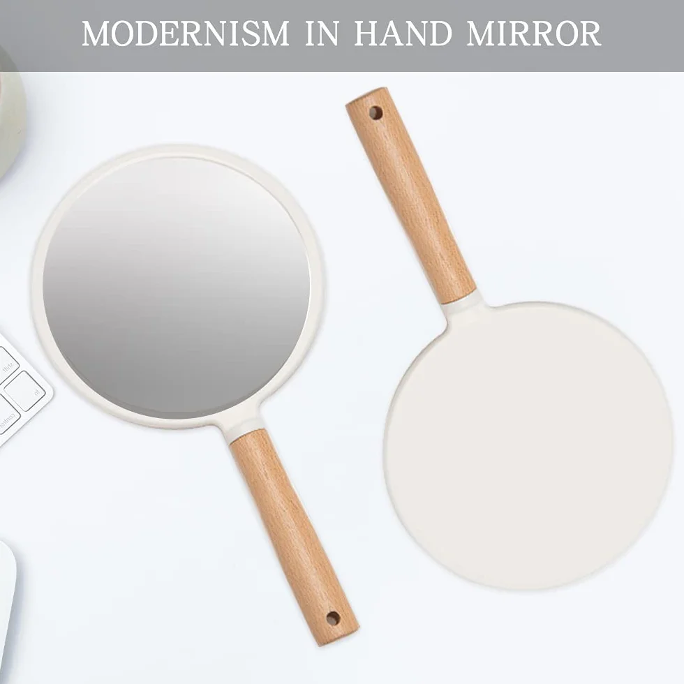 YEAKE Specchio a mano con manico per trucco, piccolo specchio in legno carino per rasatura con foro da appendere su un lato, portatile, da viaggio, per uomini e donne (rotondo)