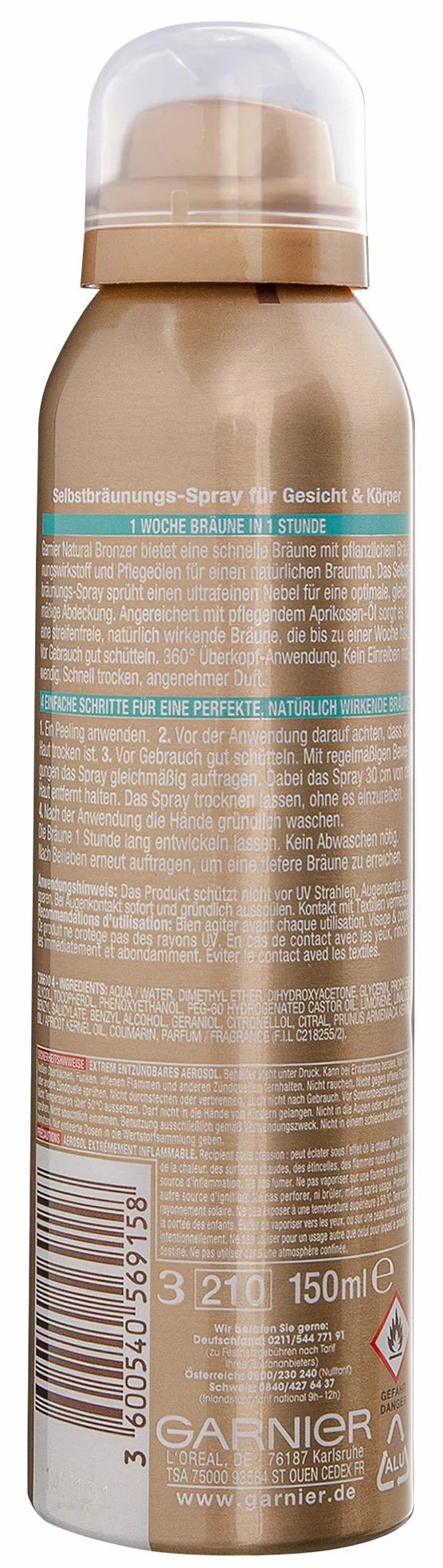 Garnier Ambre Solaire - Spray autoabbronzante per un'abbronzatura naturale con estratto di albicocca (testato dermatologicamente), 1 confezione da 150 ml