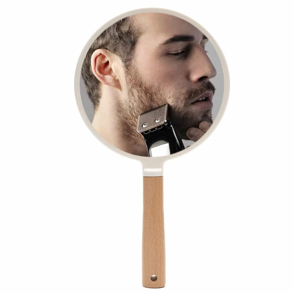 YEAKE Specchio a mano con manico per trucco, piccolo specchio in legno carino per rasatura con foro da appendere su un lato, portatile, da viaggio, per uomini e donne (rotondo)
