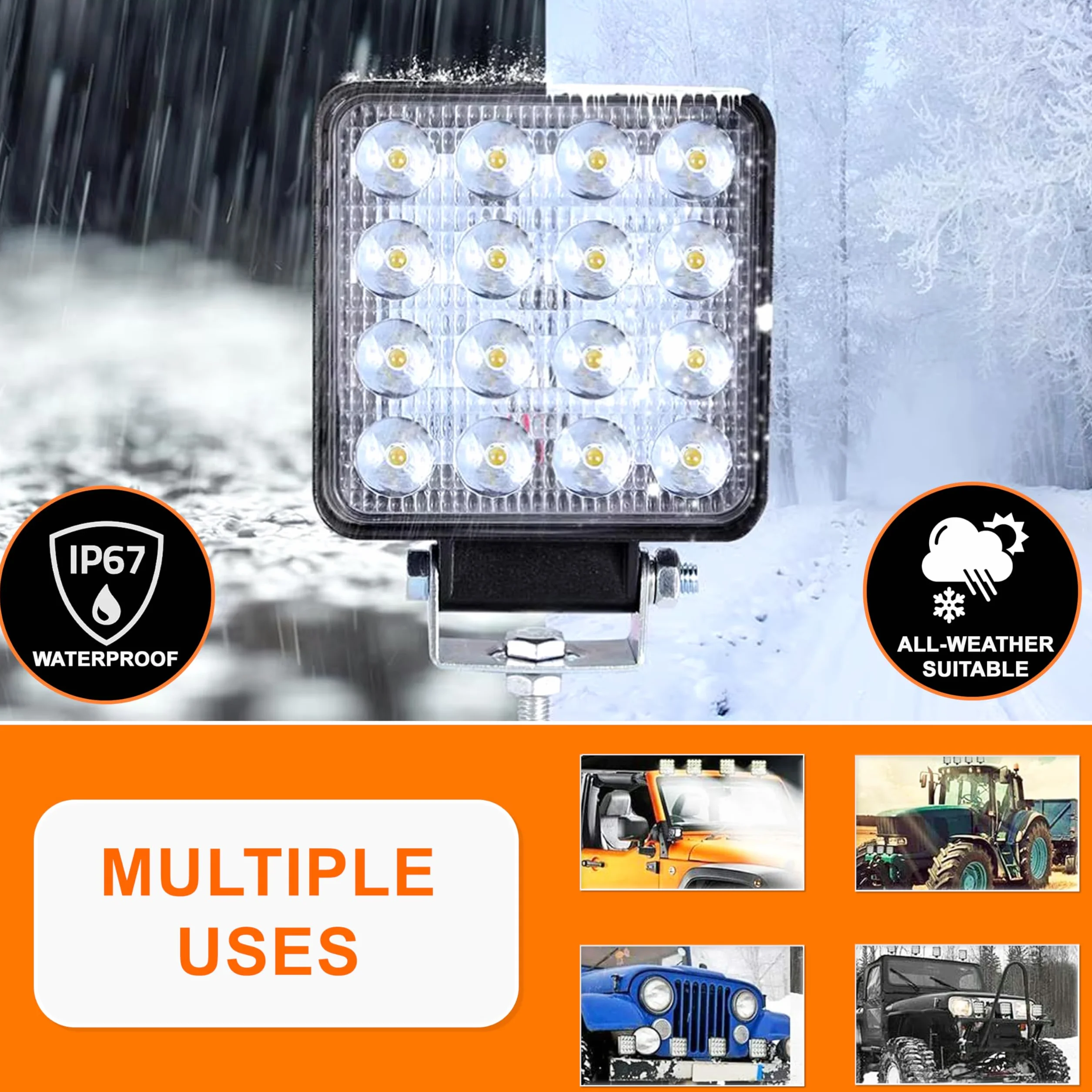 Fari Led Trattore 12V 24V Alluminio ABS 48W 16 LED 6500K 10.5 cm