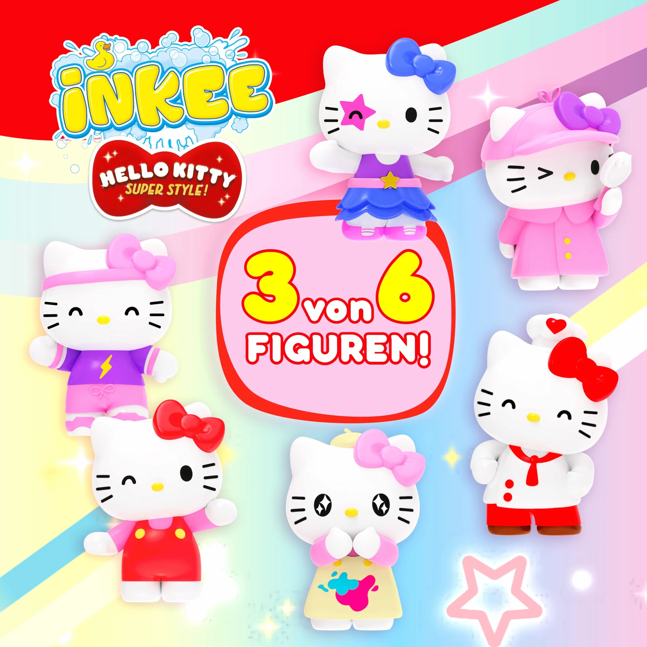 INKEE Hello Kitty 3 Pack - bombe da bagno per bambini con sorpresa - 3 di 6 figure di Hello Kitty da collezionare - 3x palline da bagno da 80 g al gusto di anguria e olio di jojoba, rosa o rosso