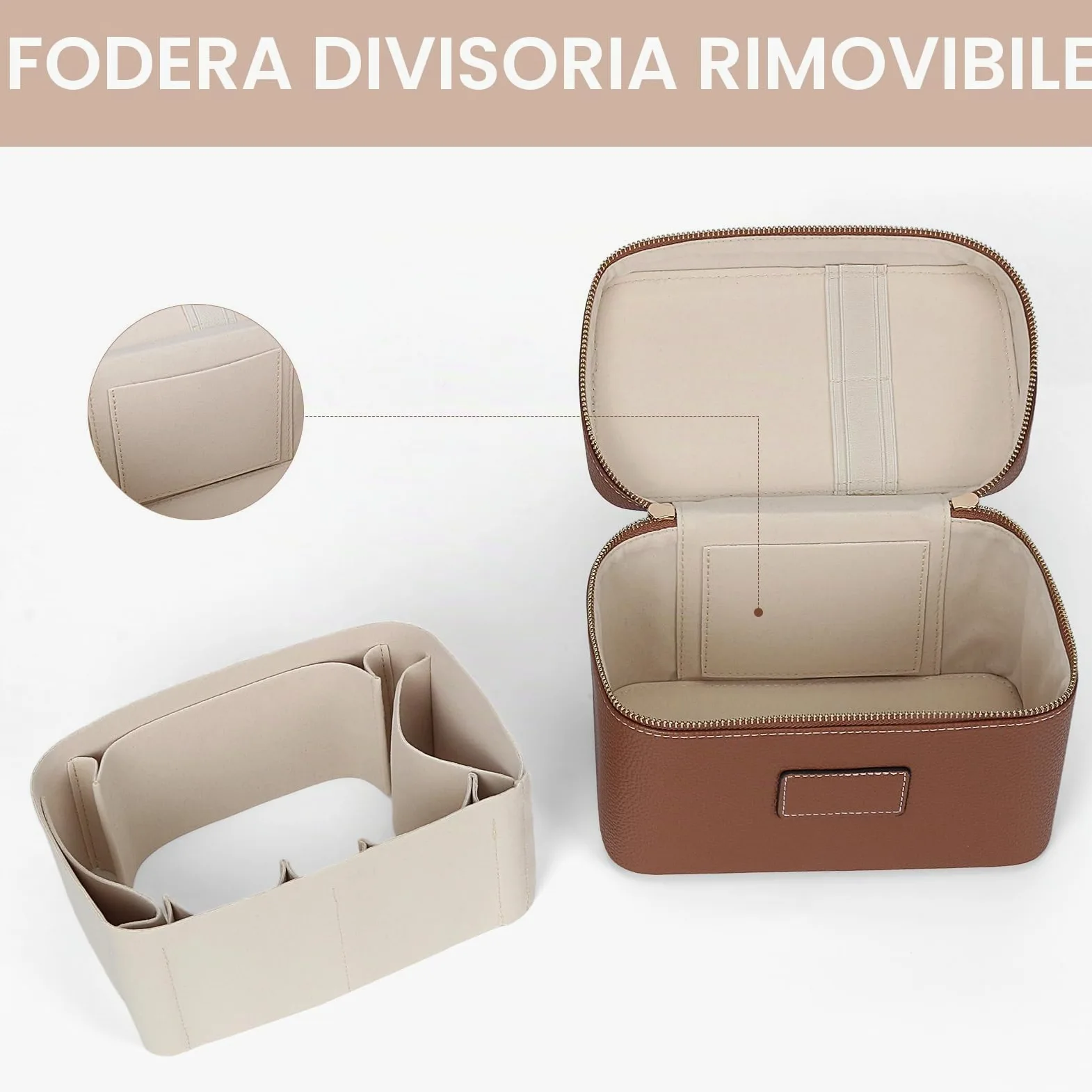 HiTotes, trousse per trucchi, borsa da viaggio in pelle per articoli da toeletta, organizer per trucchi con divisore rimovibile per uso quotidiano, 02-marrone, 21.5cm