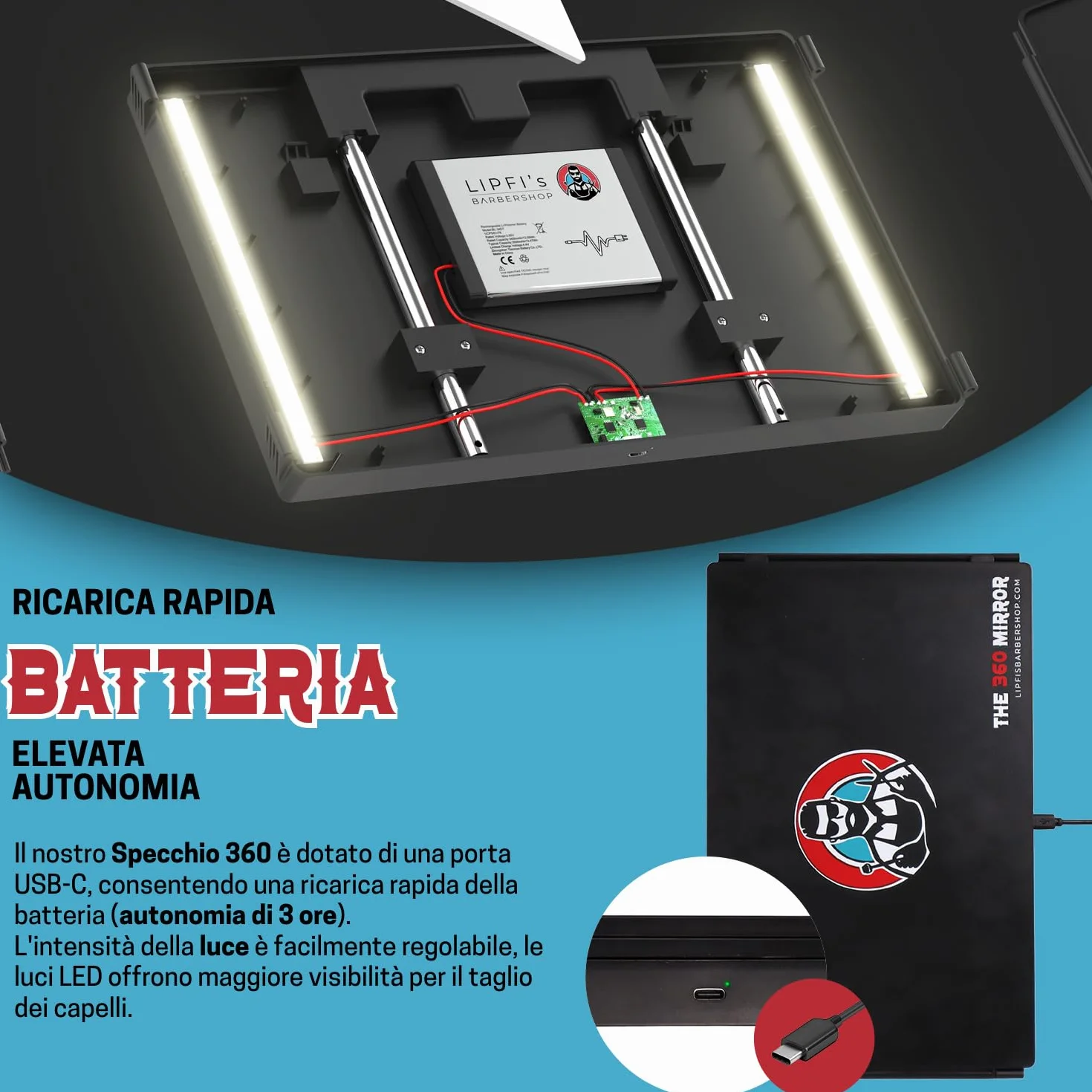 Specchio da taglio a 360 gradi 3 lati pieghevole per barbiere con LED e altezza regolabile