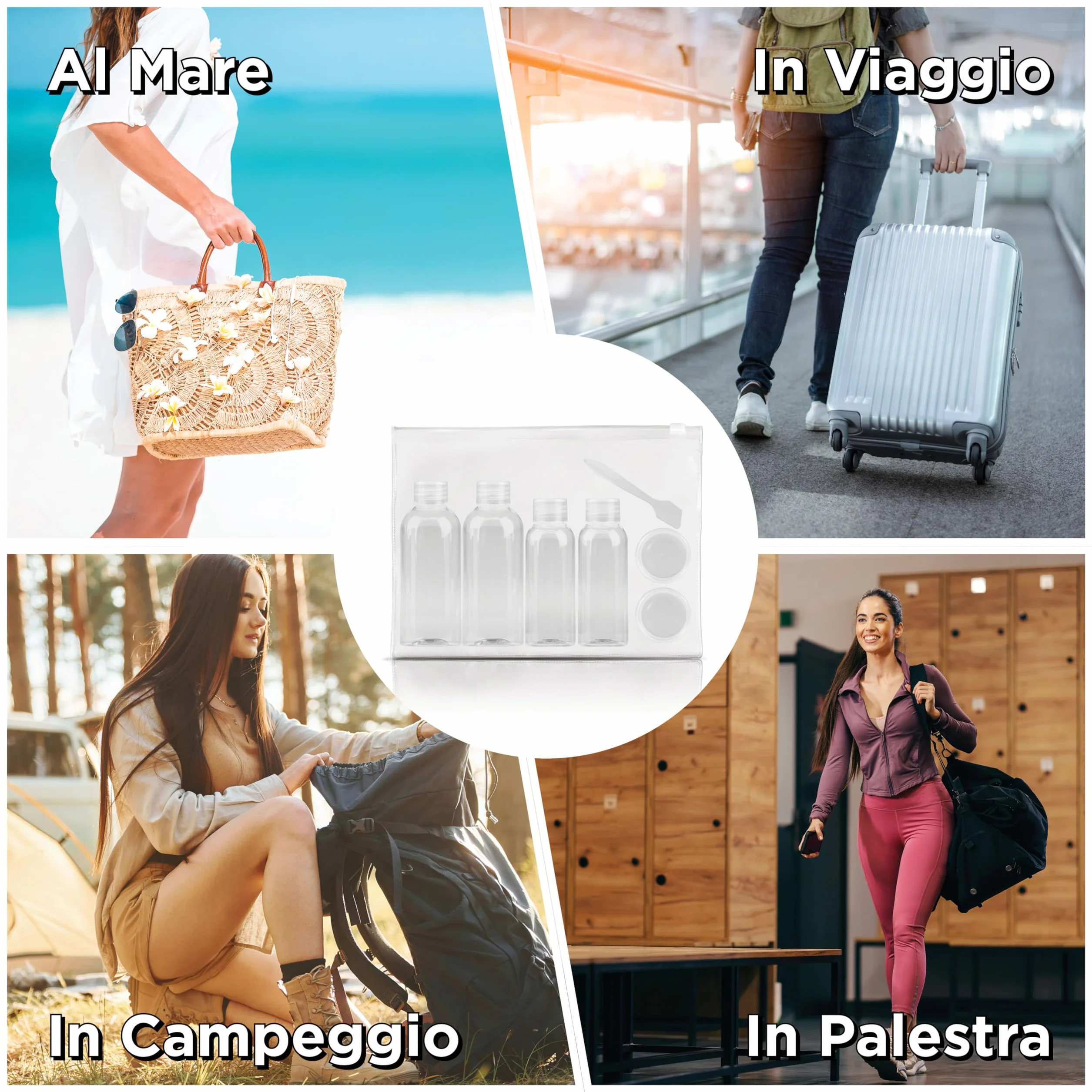 7 PZ Kit Viaggio Liquidi BENESSERE In Linea® - kit Liquidi Aereo - kit viaggio aereo - Travel kit 100 ml - Porta Liquidi da viaggio aereo - 2 flaconi 100 ml + 2 flaconi 50 ml + 2 Porta Crema / Lenti