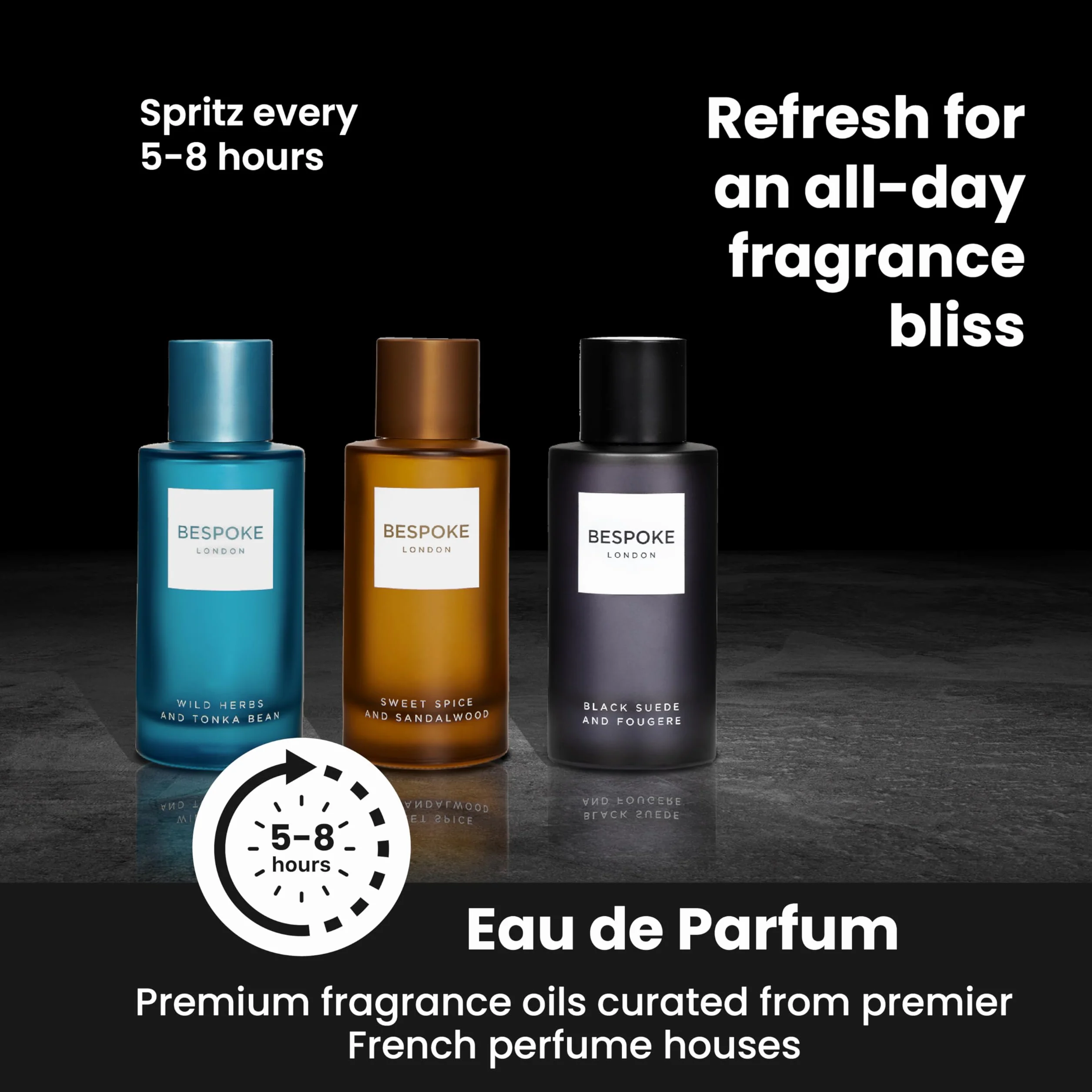 BESPOKE LONDON Set regalo di profumi da uomo di alta qualità, in pelle scamosciata nera, erbe selvatiche, spezie dolci, eau de parfum con fragranza a lunga durata, mini set profumi da viaggio