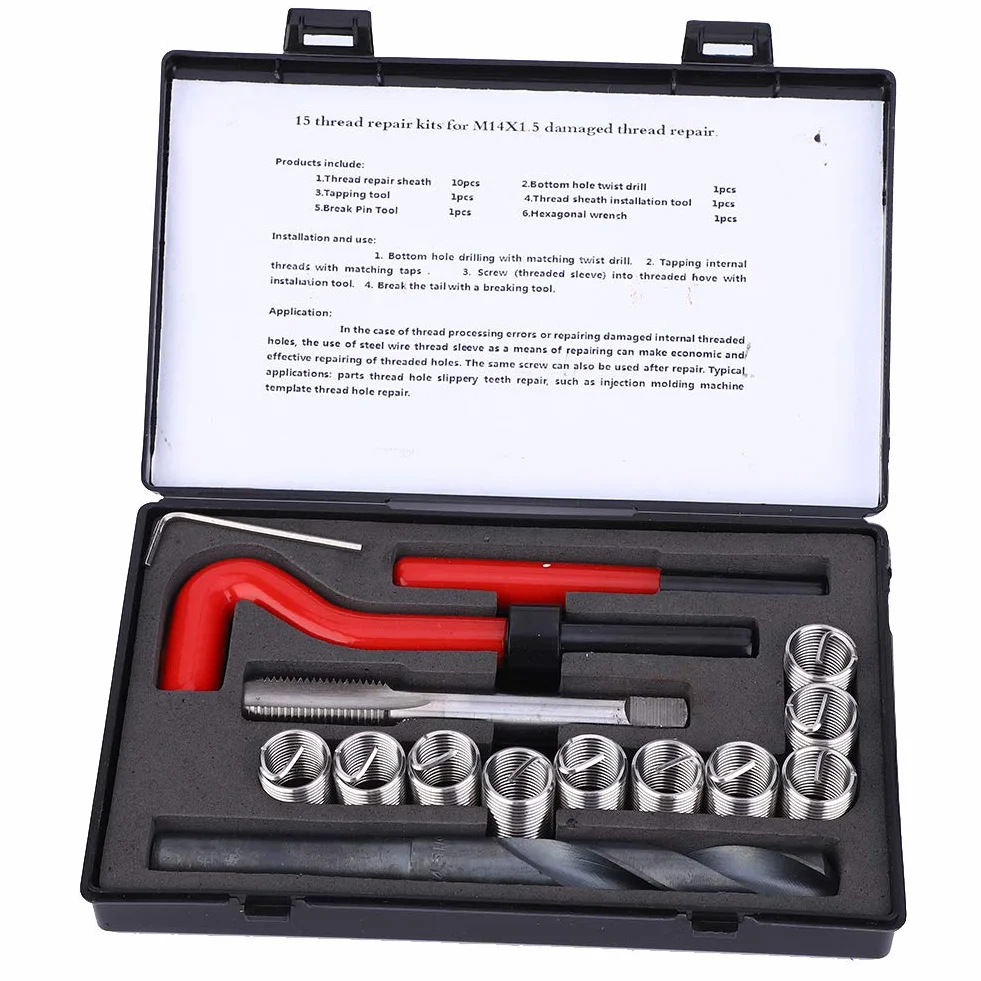 Helicoil Kit riparazione filettatura M14x1.5 15 pezzi inserti femmina