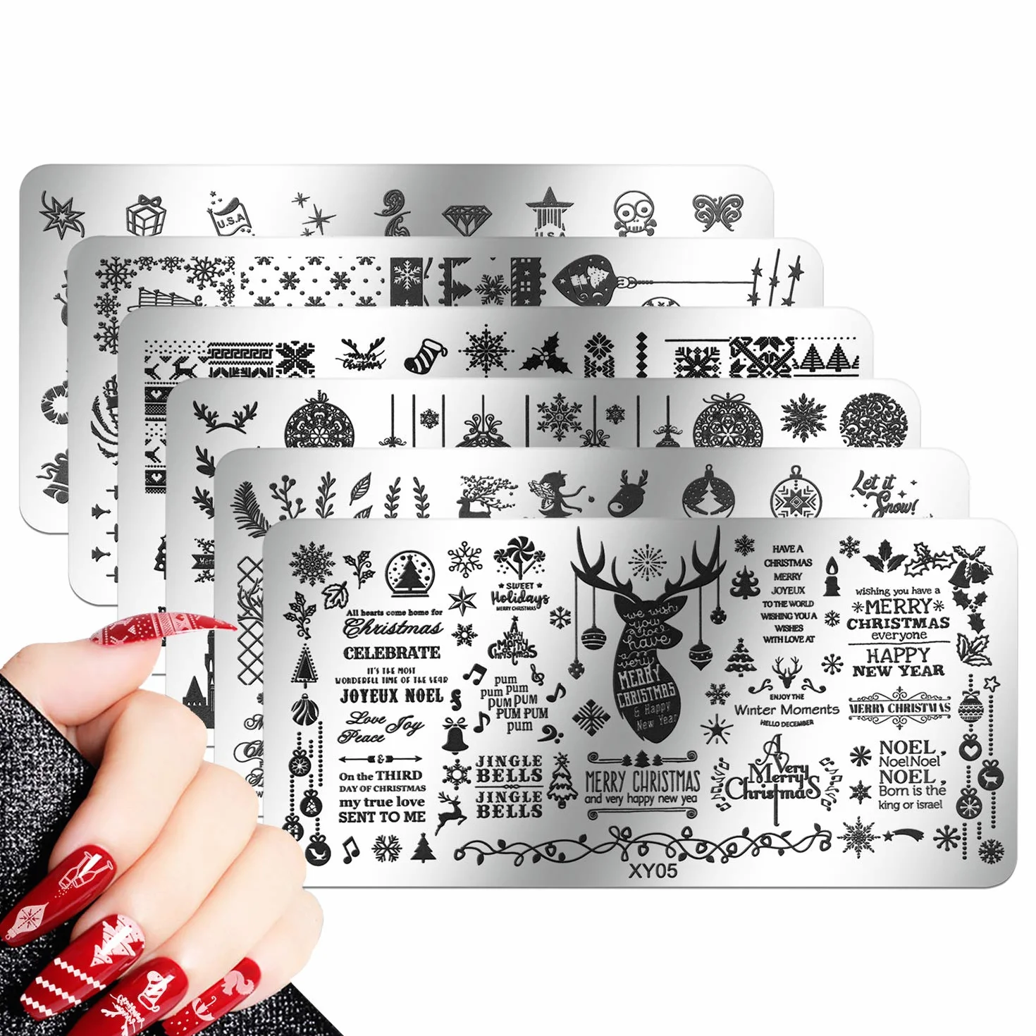 6 Pcs Christmas Nail Stamping Plate, MWoot Natale Fiocco di neve dei cervi dell'albero Nail Art Unghie Timbro Nail Art Stamp Plates Chiodo quadrato rotondo