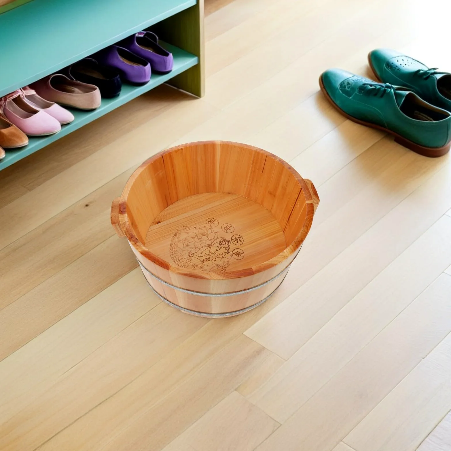 Bacinella in Legno Pediluvio, Vaschetta Piedi Marrone Portatile | Finitura Liscia Artigianale, Maniglie Integrate per Trasporto, Uso Casa e Viaggio