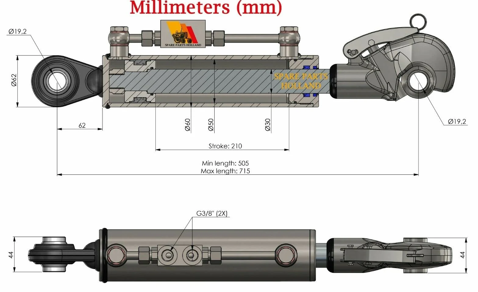 Terzo punto idraulico per trattore CAT 1, Gancio di Cattura 19 7/8" - 28 5/32", Bloccaggio Blocchi Tubi Corsa 8 9/32"