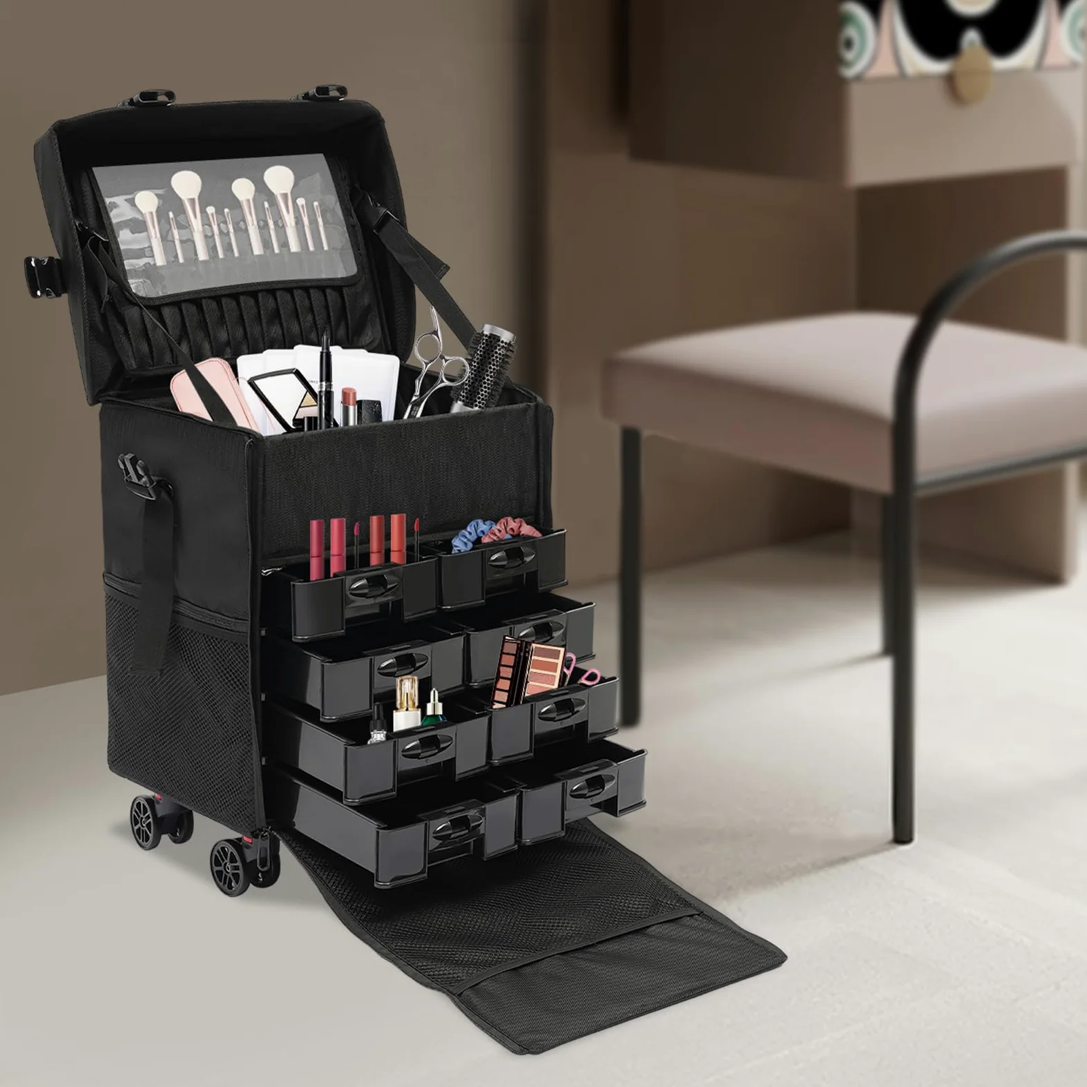 Valigetta per trucchi con rotelle, in tessuto Oxford, con 8 cassetti rimovibili, 4 ruote universali, grande spazio, valigetta professionale per trucchi per trucchi, saloni di bellezza, viaggi, uso