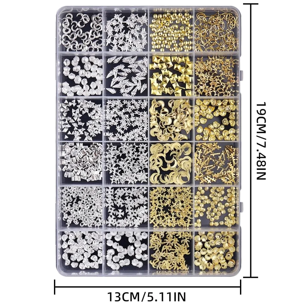 1 scatola oro argento ciondoli per unghie 3D in lega fiore gemme per unghie in metallo luna stella gioielli per unghie multi-forme oceano spiaggia stella marina conchiglia forniture per nail art con