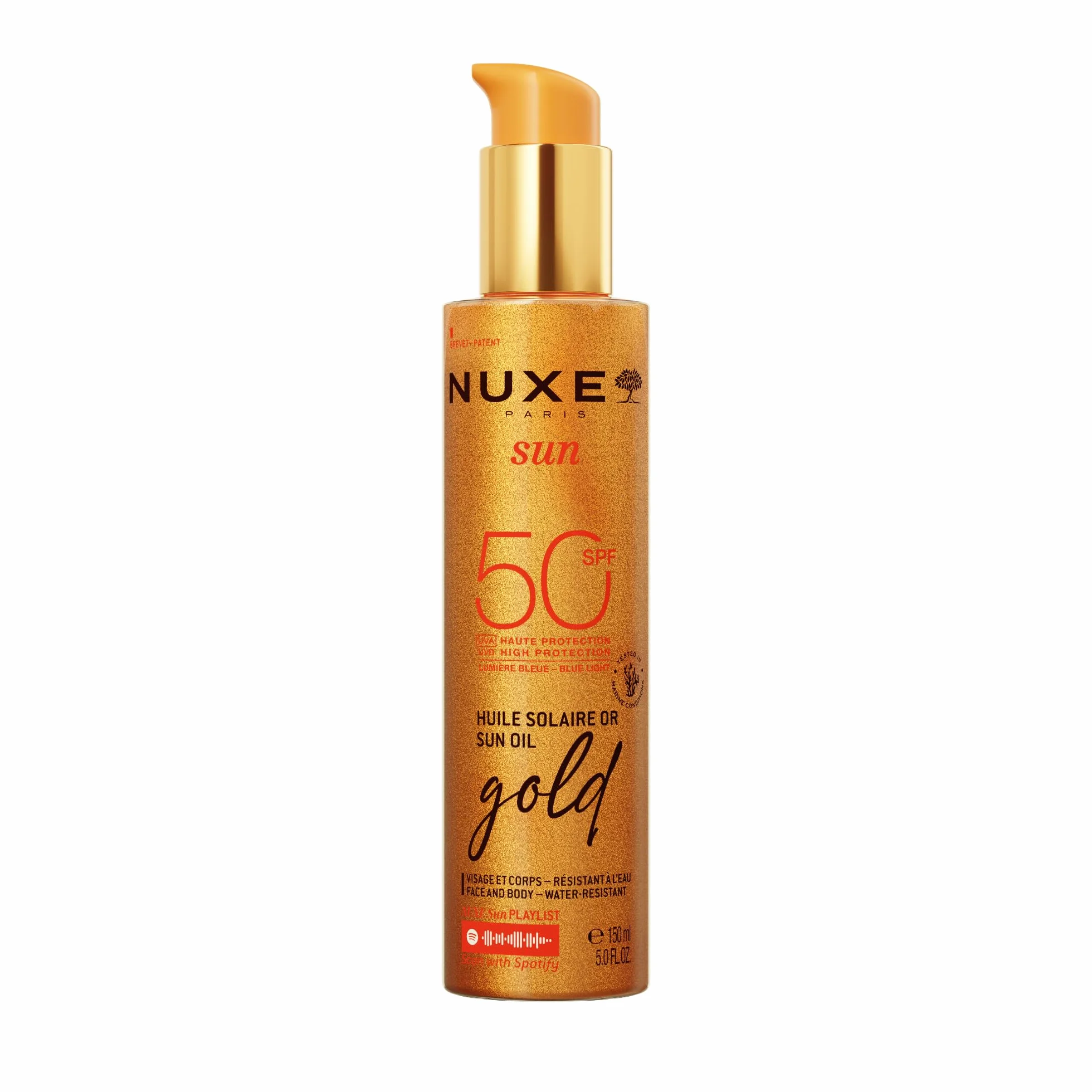 Nuxe Sun Gold Olio Abbronzante SPF50 150 ml, Olio Solare Protettivo, Protegge Viso e Corpo da UVA/UVB e Luce Blu, Previene Macchie Scure e Segni dell'Invecchiamento, Formula Resistente all'Acqua