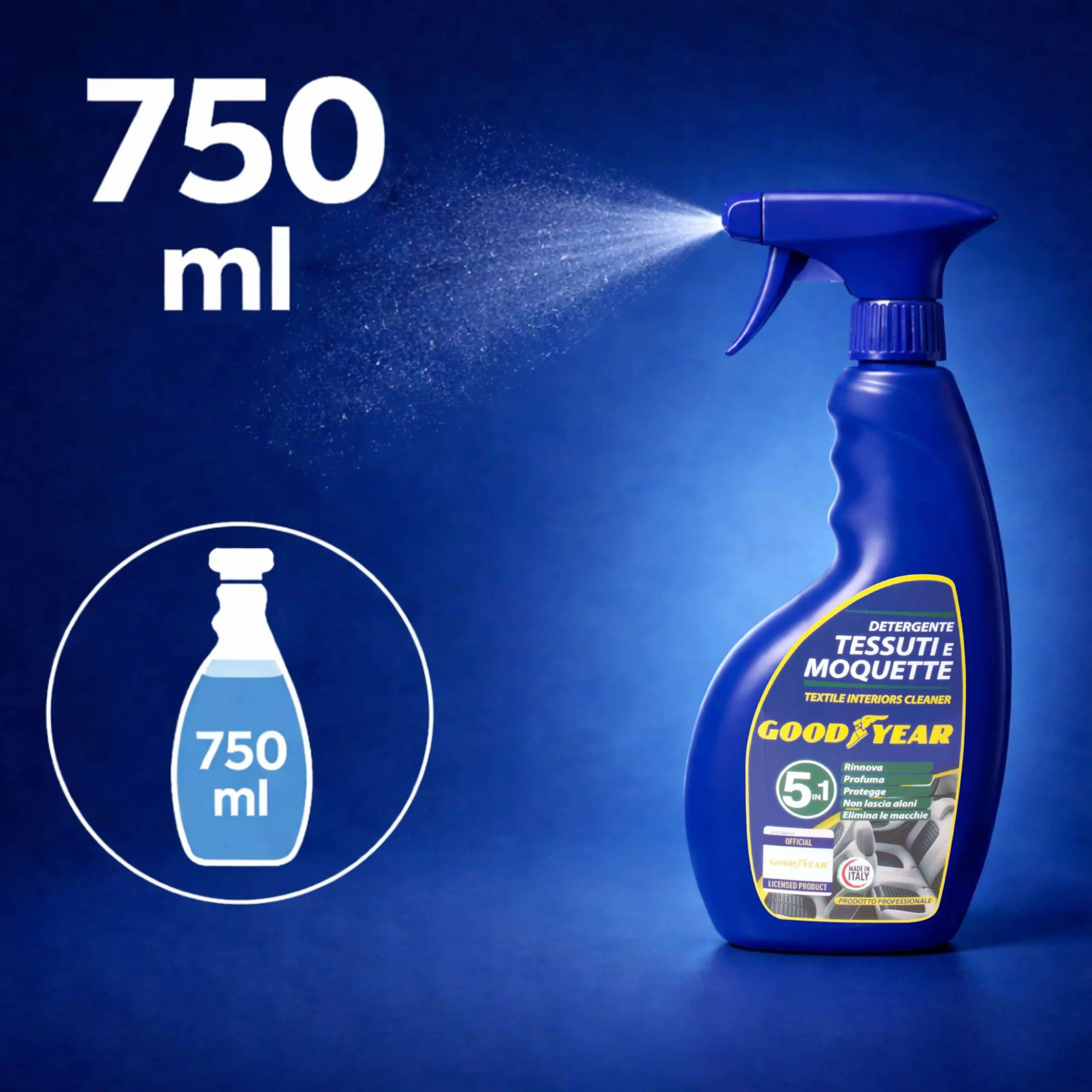 Goodyear Detergente Tessuti e Moquette 750 ml 5 in 1 – Pulitore Interni Auto