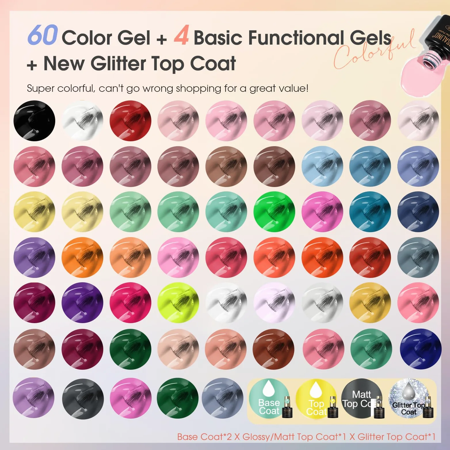 ROSALIND Smalto Semipermanente Unghie 65 Pezzi Rosa Giallo Blu Verde Viola | Colori Smalti Semipermanenti per Unghie Rosso Nero Grigio Marrone, UV/LED Mini Smalto Gel Manicure Regalo