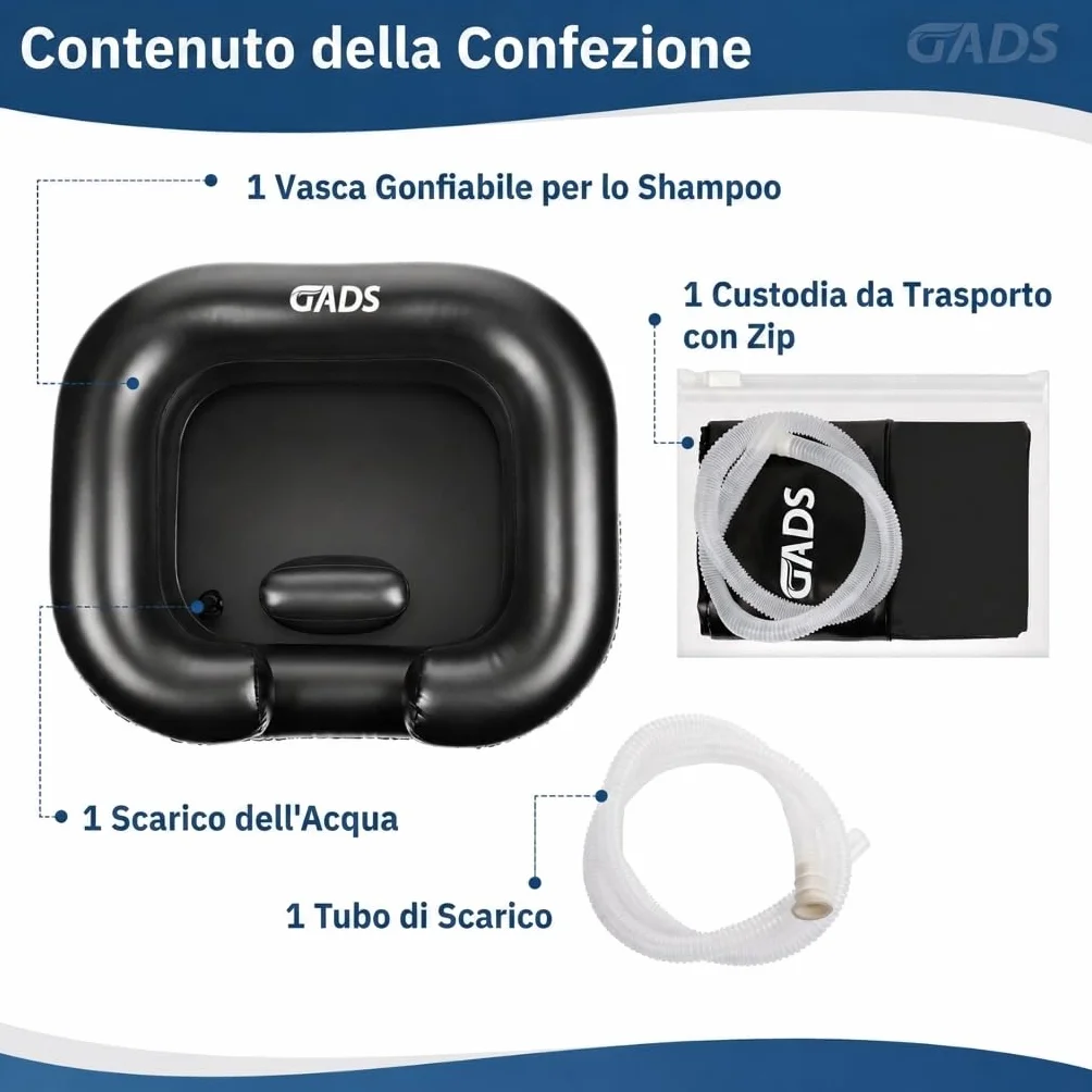 Lavatesta Gonfiabile Portatile – Per Lavaggio Capelli di Persone Allettate o Parrucchieri – Lavandino Nero