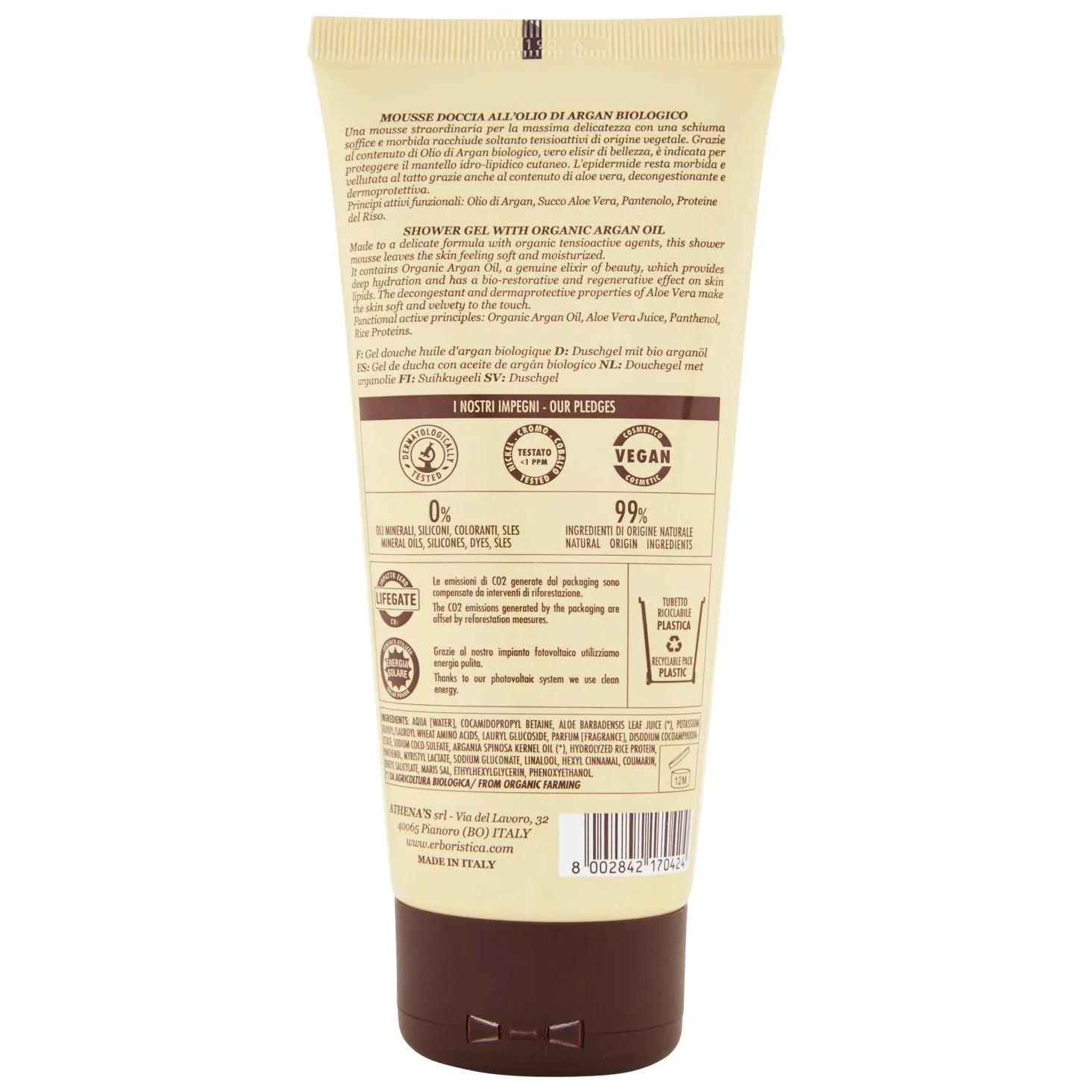 L'Erboristica Athena's - Mousse Doccia all'Olio di Argan Biologico e Acido Ialuronico - Vellutante - 200 ml (Confezione da 4)
