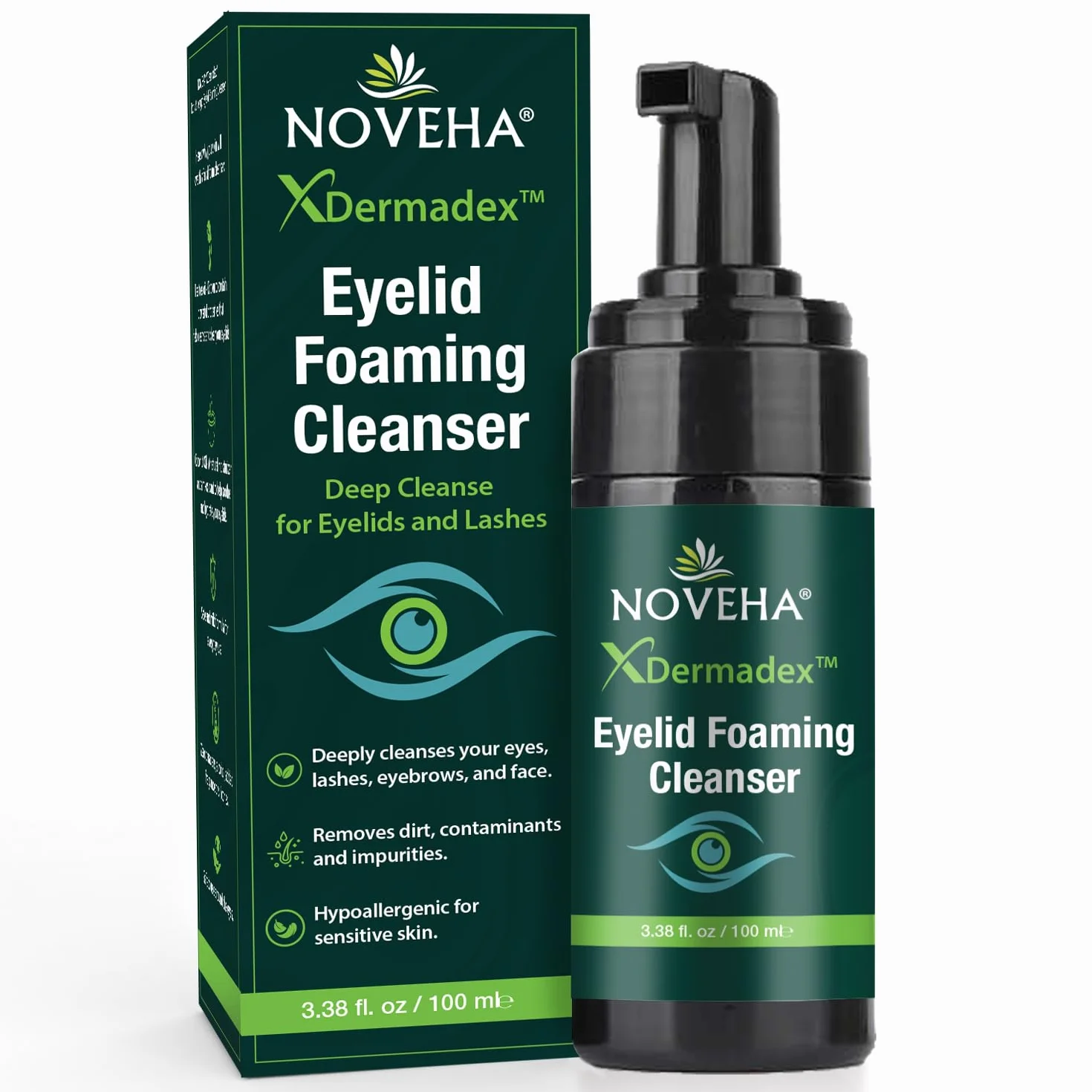NOVEHA Schiuma Detergente Palpebrale per Demodex | Formula Extra Forte all'Olio di Tea Tree | Detergente Viso Quotidiano per Ciglia, Demodex, MGD, Orzocchi, Irritazioni Oculari e Secchezza Cutanea