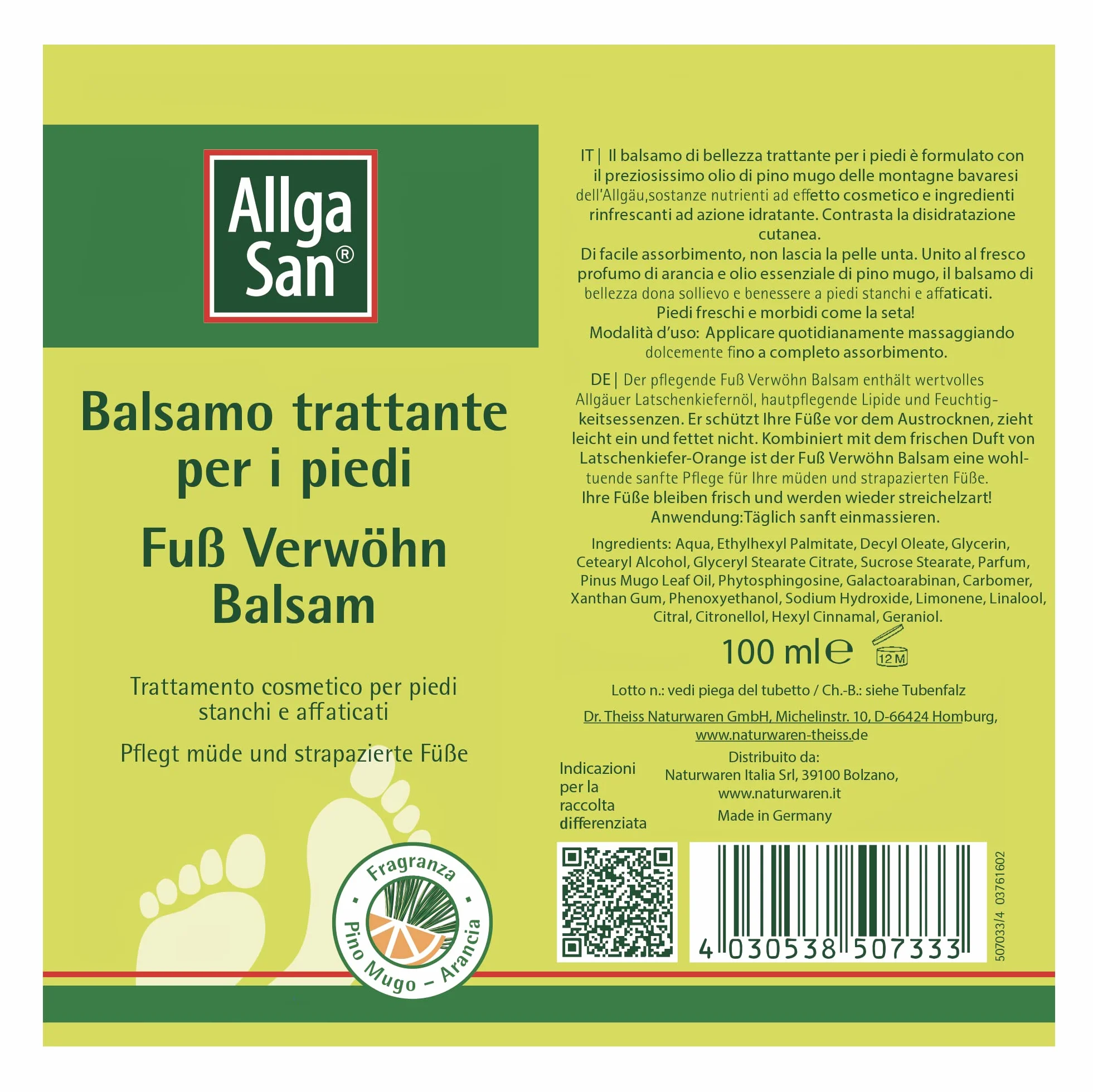 Allga San Balsamo Trattante per Piedi - Crema Piedi Secchi Screpolati 100 ml, Trattamento Cosmetico, Idratante e Nutriente per Sollievo a Piedi Stanchi e Appesantiti, con Pino Mugo e Arancia
