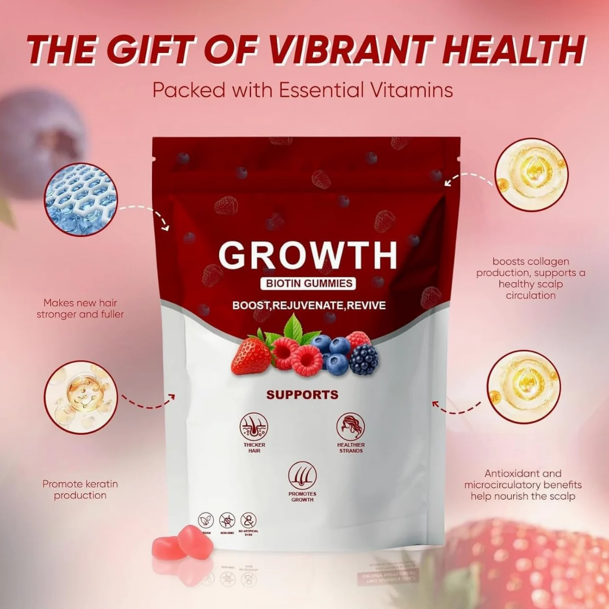 Gummies per Crescita Capelli con Biotina, Collagene & Estratti Vegetali | Supportano la Forza dei Capelli, la Salute della Pelle & delle Unghie, Senza OGM