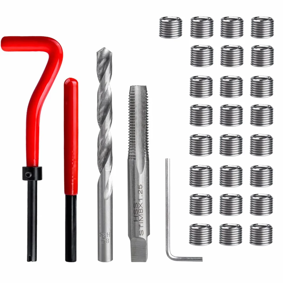Mesee Kit Riparazione Filettatura M8 Acciaio Inossidabile, Strumenti Filettatura con Trapano Maschio Chiave Inserti per Automotive