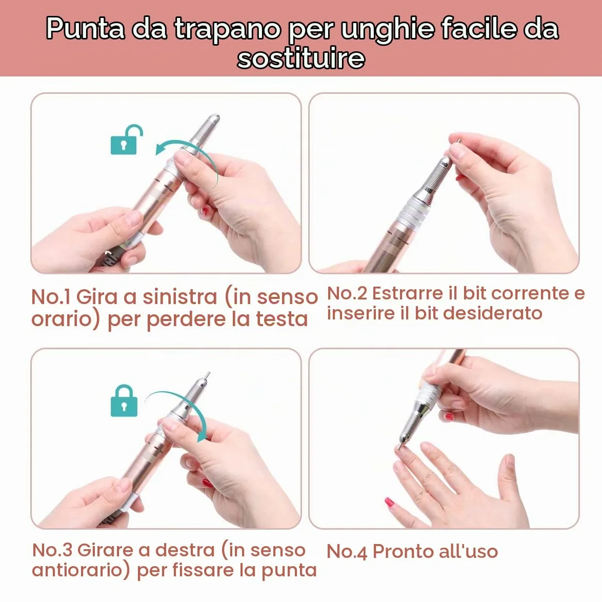 Delanie Manipolo per Fresa per Unghie Sostituibile Oro Rosa(Solo il manipolo)