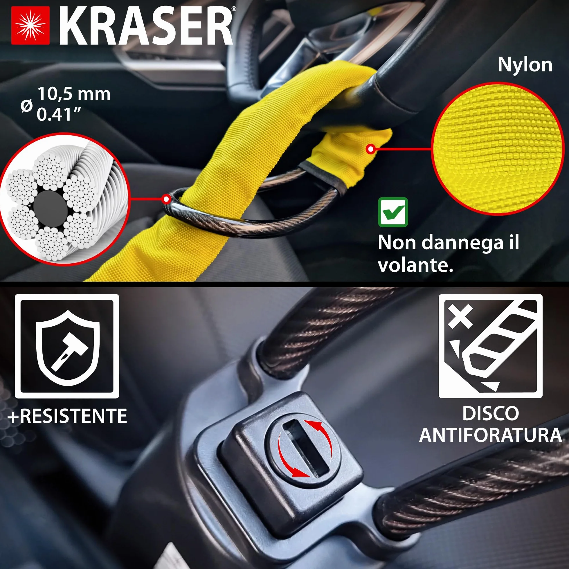 KRASER KR882Y Antifurto Auto Blocca Volante Cintura Alta Sicurezza Cavo Acciaio Universale