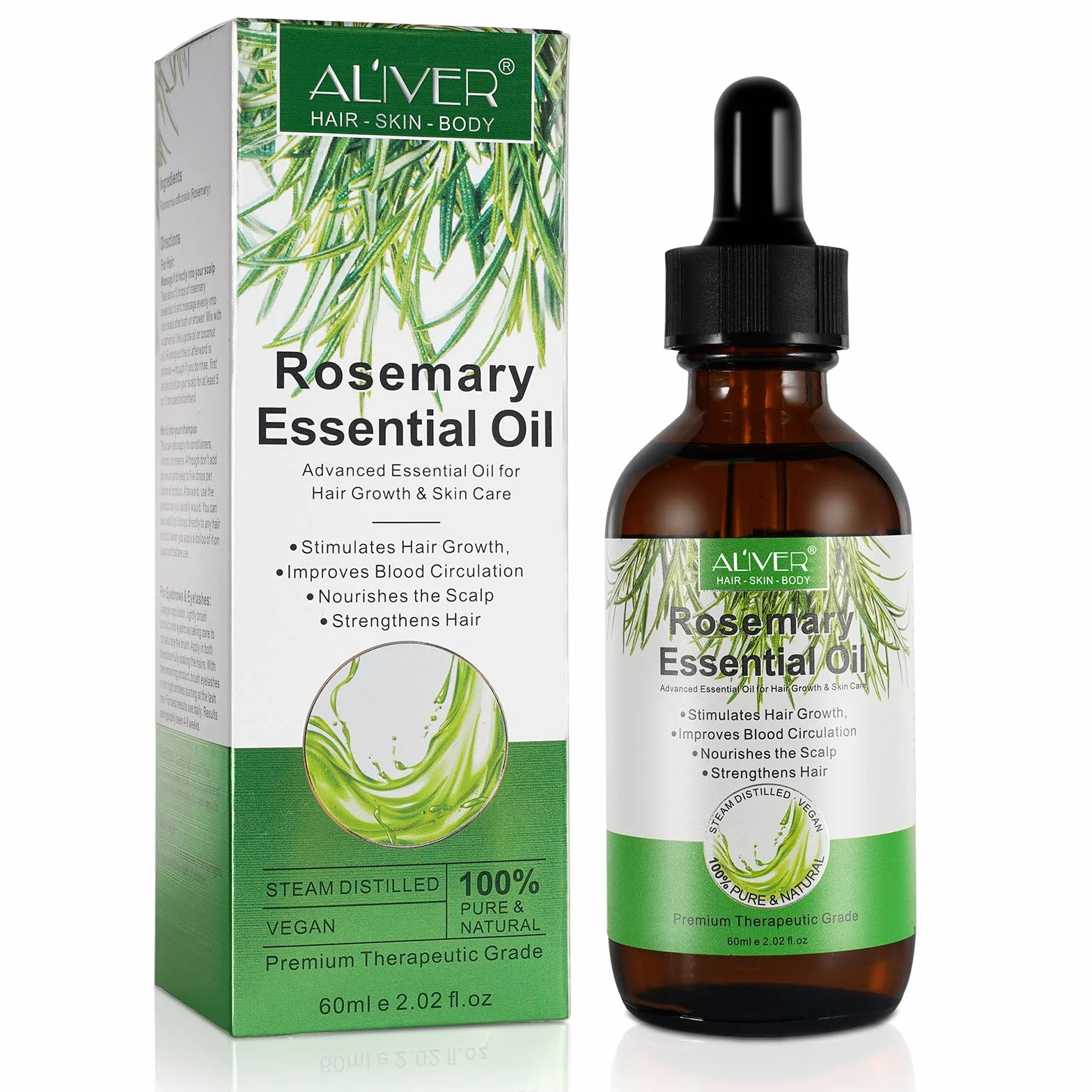 Olio Essenziale di Rosmarino Puro al 100% per Capelli e Cura della Pelle - Olio di Rosmarino per Capelli, Sopracciglia e Ciglia - Qualità Terapeutica, Vegan, 60ml