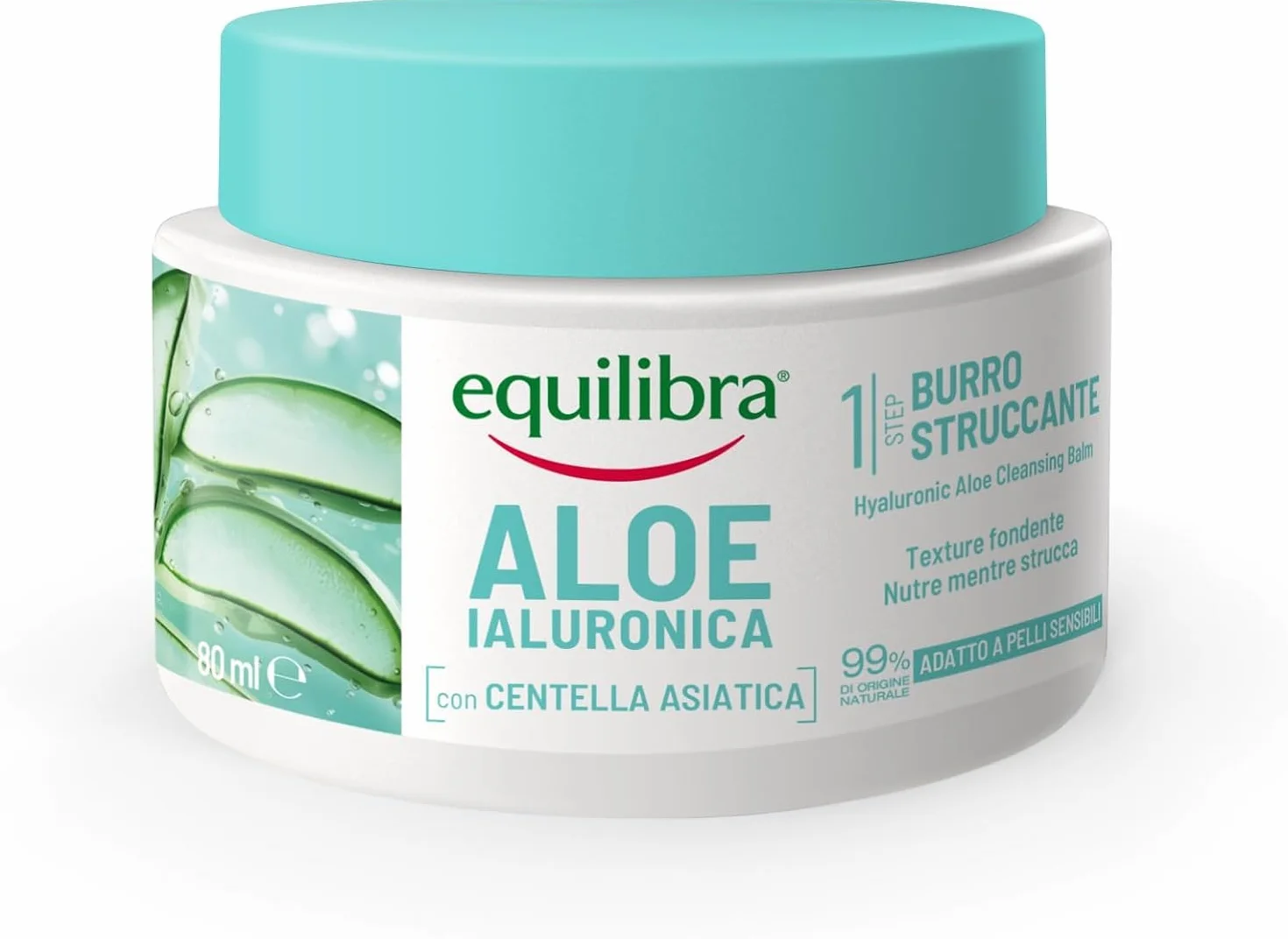 Equilibra, Aloe Ialuronica Burro Struccante Viso, con Burro di Aloe, Acido Ialuronico e Centella Asiatica, Doppia Detersione, Adatto a Pelli Sensibili, Clinicamente Testato, 80ml