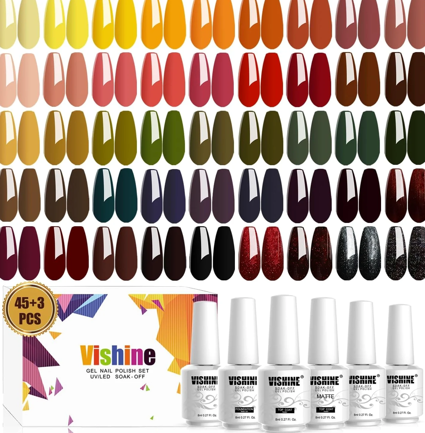Vishine Smalto Semipermanente Unghie, 48 pcs Smalti Semipermanenti per Unghie con Base e Top Coat, Matt Coat, Smalto per Unghie in gel UV LED Nudo Rosso Semipermanente Unghie, 8ml