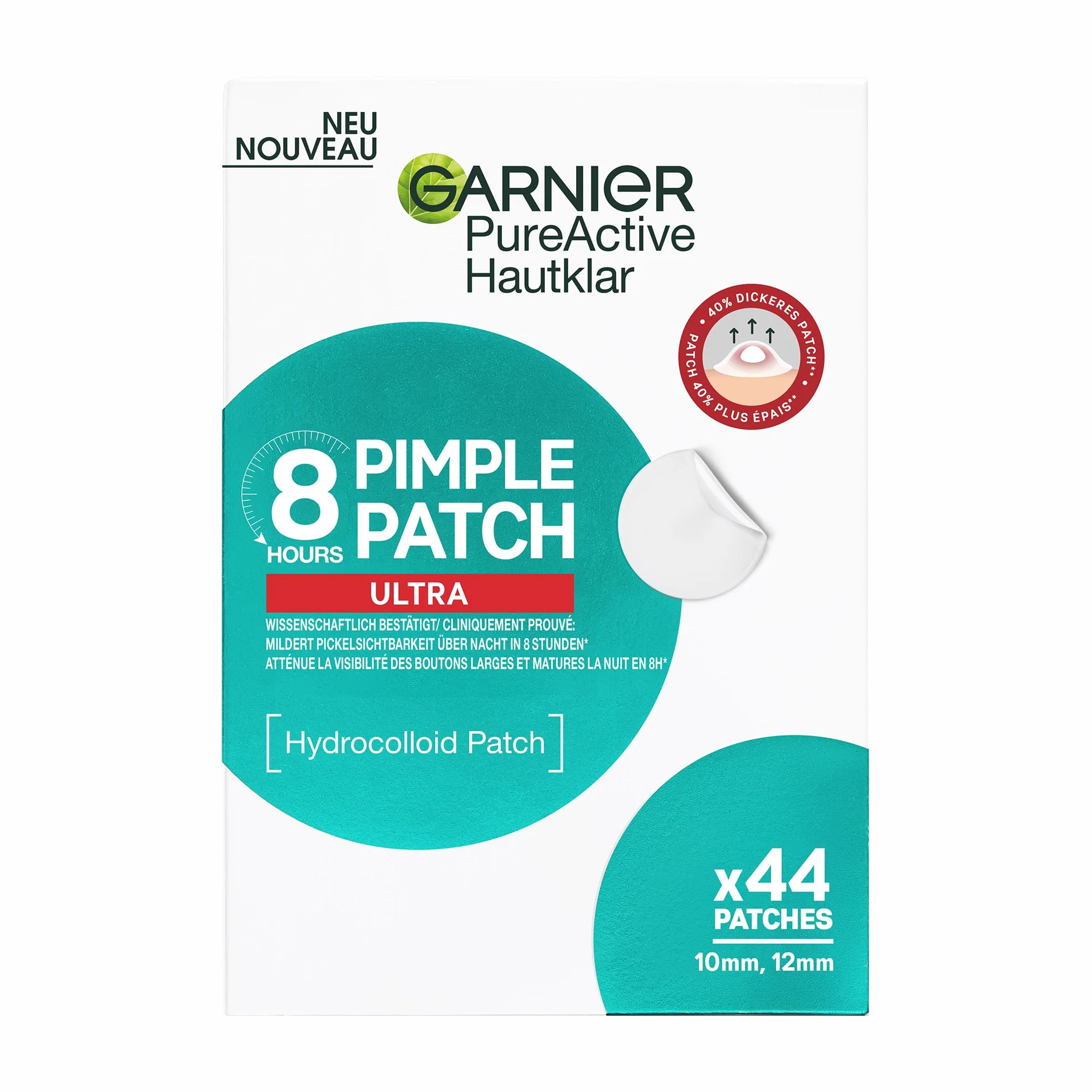 Garnier Pimple Patch 8 ore ULTRA Garnier Pure Active 44 Pezzi - CLINICAMENTE TESTATI: Riducono la visibilità dei brufoli, anche i più grossi. Uso notturno, efficaci in 8 ore