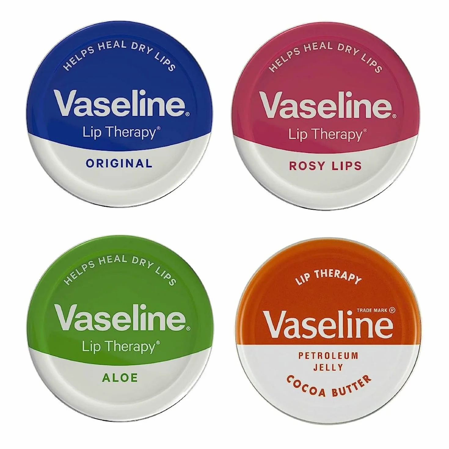 Vaseline Balsamo per labbra - Petroleum Jelly - Lip Therapy - Originale, burro di cocco, alo vera e rosata, latta da 20 g - lenisce le labbra secche - confezione da 4