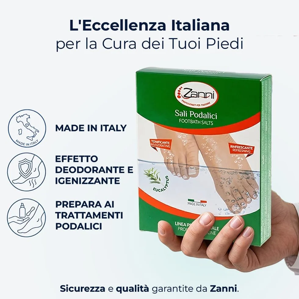 Zanni Sali Podalici, Sali per Pediluvio Rinfrescante e Tonificante con Mentolo, Timo ed Eucalipto, Sali da Bagno a Effetto Deodorante Piedi Stanchi, Sollievo e Riduzione Gonfiore, 100 g, Made in Italy