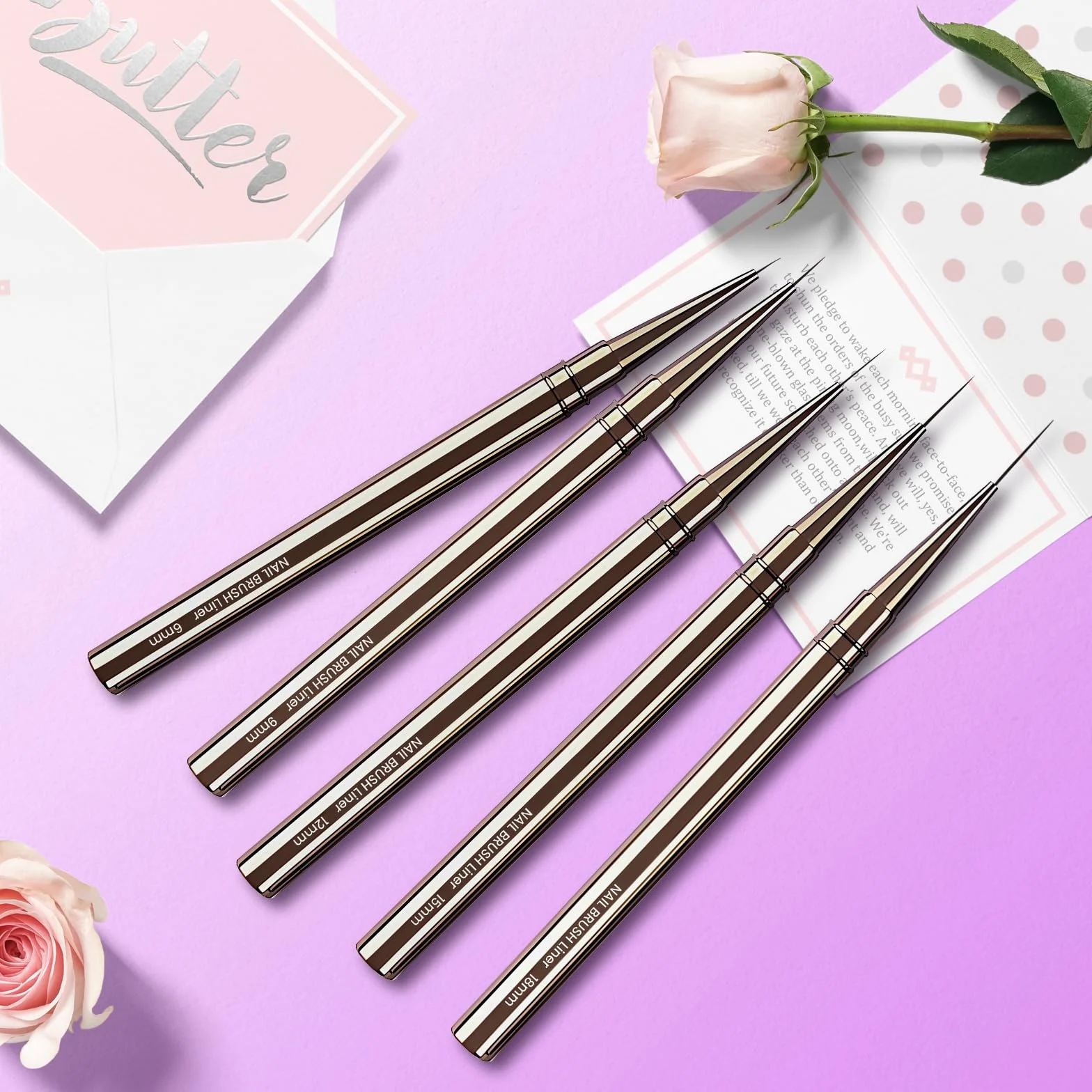Lokaloka 6/9/12/15/18mm Pennelli Unghie Gel Sottile Nail Art Professionali con Tappo, 5 Pezzi Pennello French Penna Pennellino Set per Ricostruzione Acrigel Semipermanente