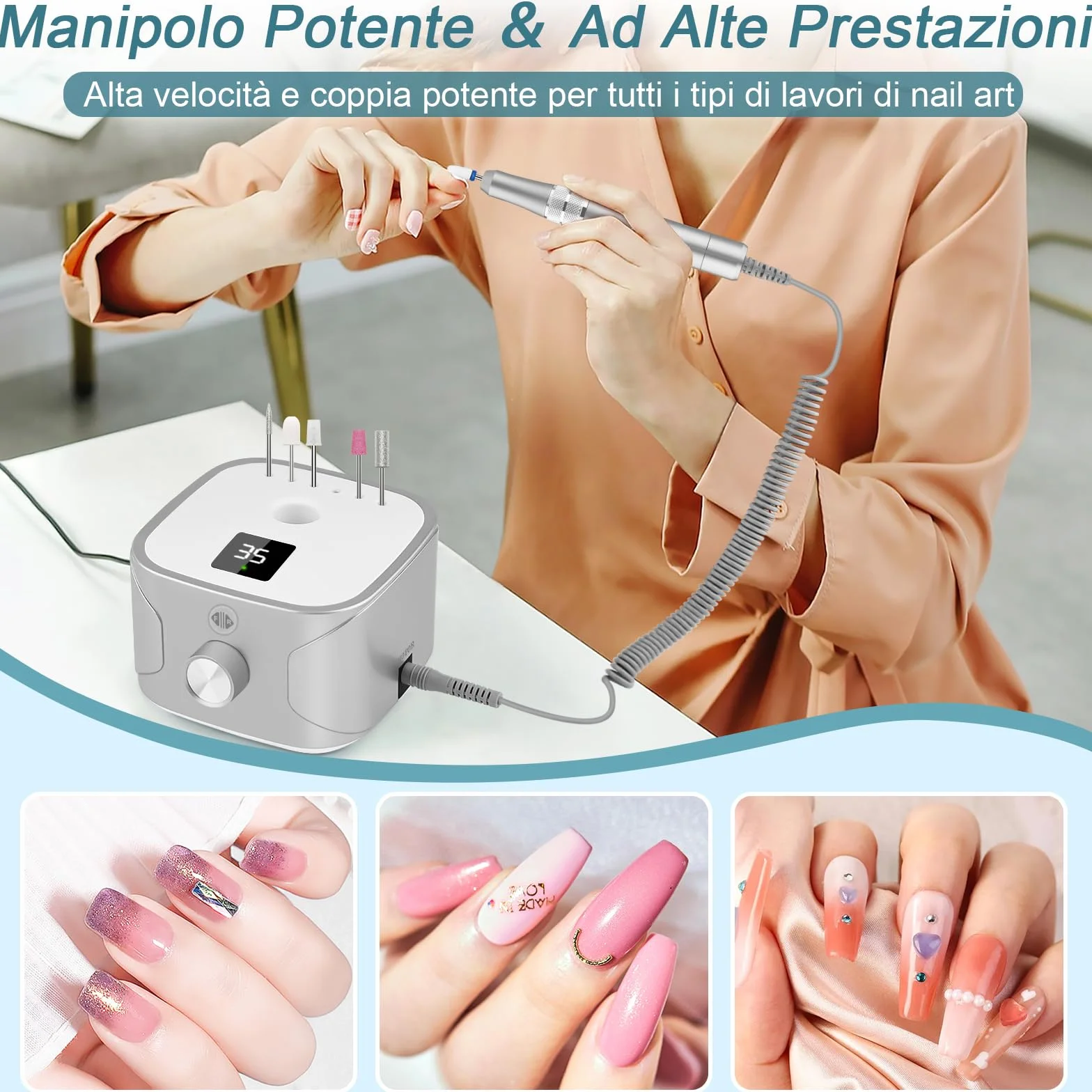 Kredioo Fresa per Unghie Professionale 35000RPM, Trapano Elettrico per Rimozione Gel/Smalto, Argento