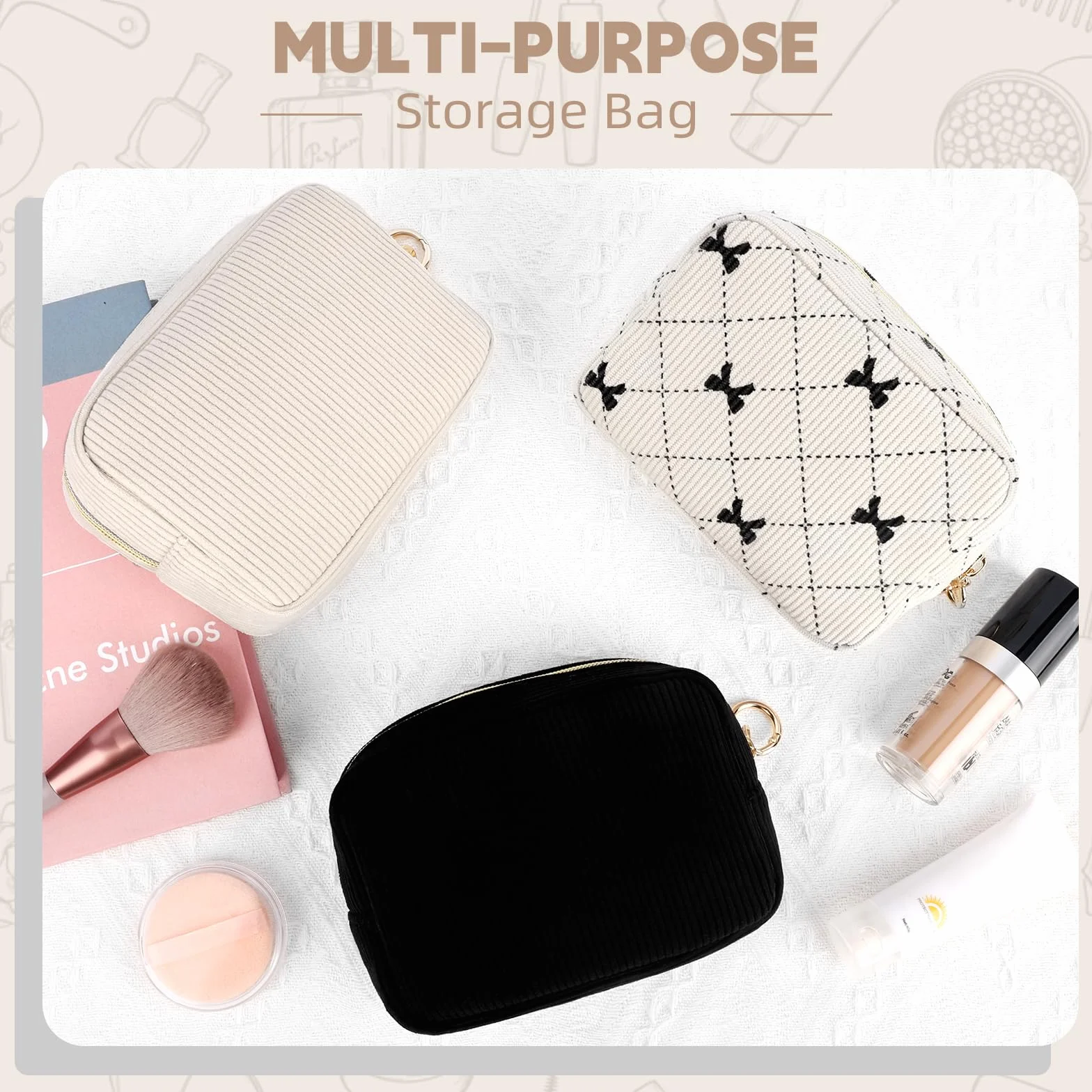 16*5*11cm Grande Pochette Donna Trucchi Piccolo Beauty Case da Viaggio per Cosmetici Organizer Trousse da Borsetta Ragazza in Velluto a Coste per Truccho Accessori Amica Compleanno(Beige-farfalla)