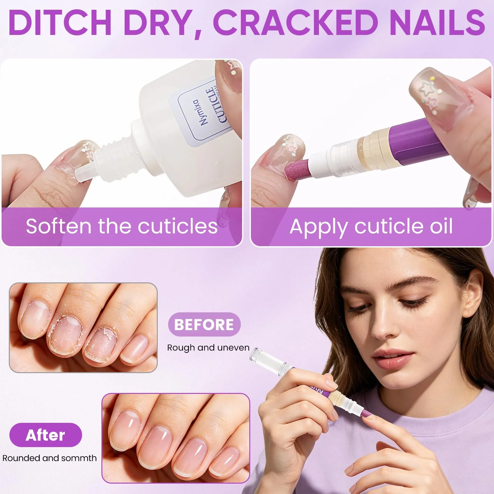 Set per la cura delle unghie 2 pezzi, penna per la cura delle unghie, rimuovi cuticole, penna per olio per cuticole 3 in 1, per riparare unghie screpolate e secche