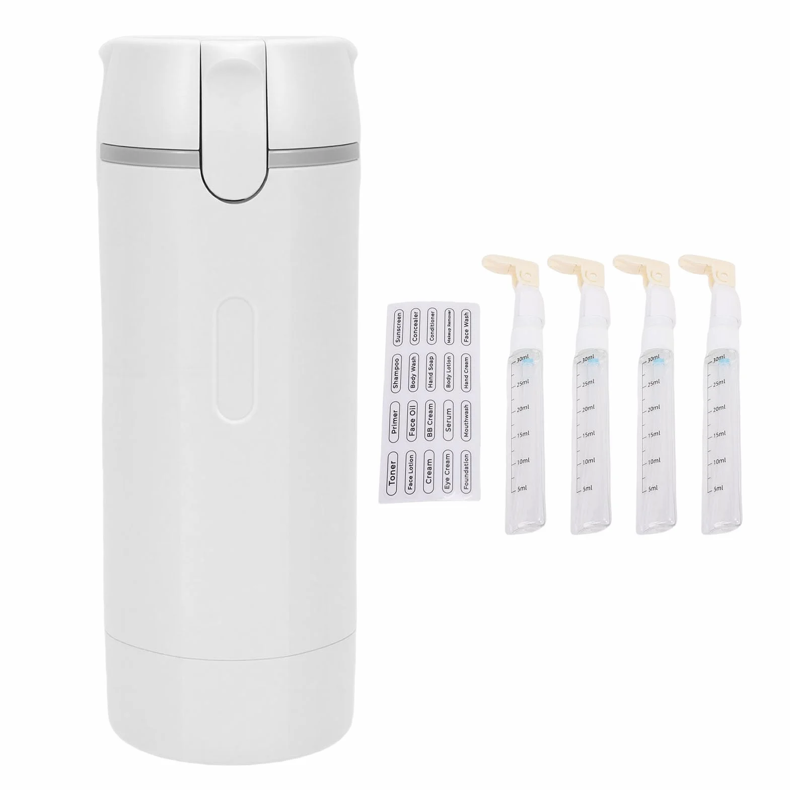 Wakects Flaconi Viaggio Ricaricabili, Contenitori per Liquidi Trasparenti 4 in 1 4 Pezzi 30ml, con Etichette per Shampoo Balsamo Doccia (WHITE)