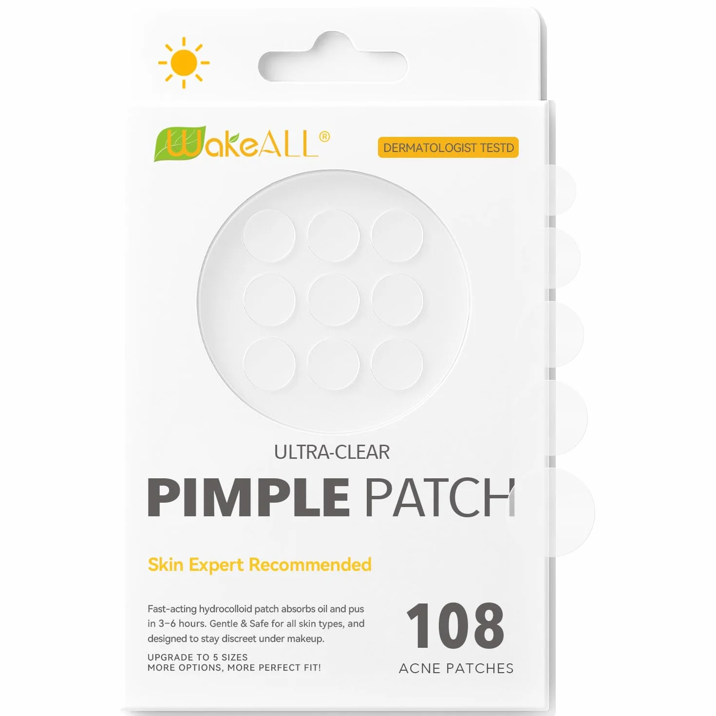 Patch Brufoli, Pimple Patch, 108 Patch Trasparenti (5 Misure 8/10/12/14/16 mm), Hydrocolloid Viso Acne Patch, con Centella, Tea Tree & Acido Salicilico — Minimo, Impermeabili, Assorbono Secrezioni