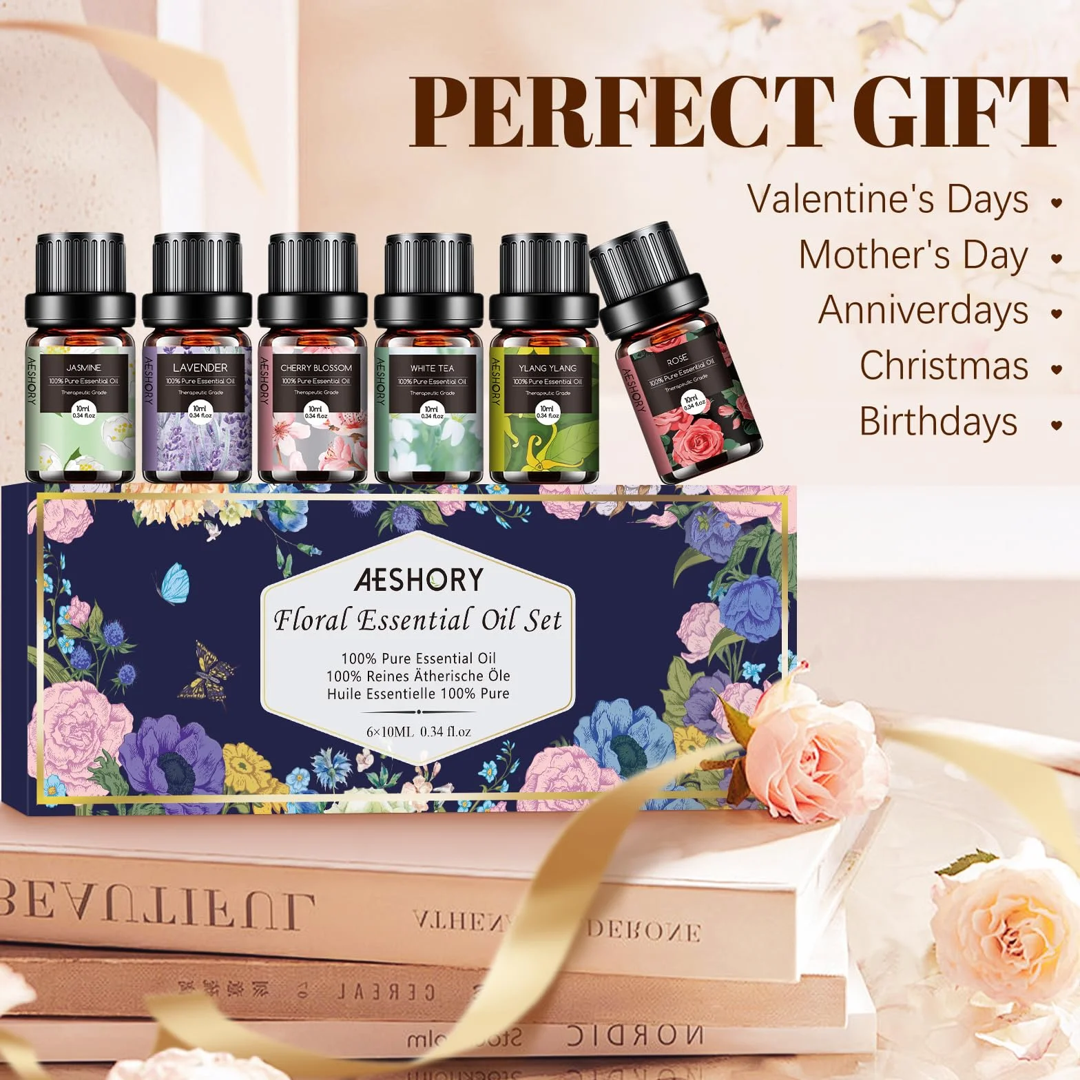 AESHORY Set Olio Essenziale 6 x 10ML Aromaterapia Naturale Lavanda Rosa Tè Bianco Fiori di Ciliegio Gelsomino Ylang Ylang