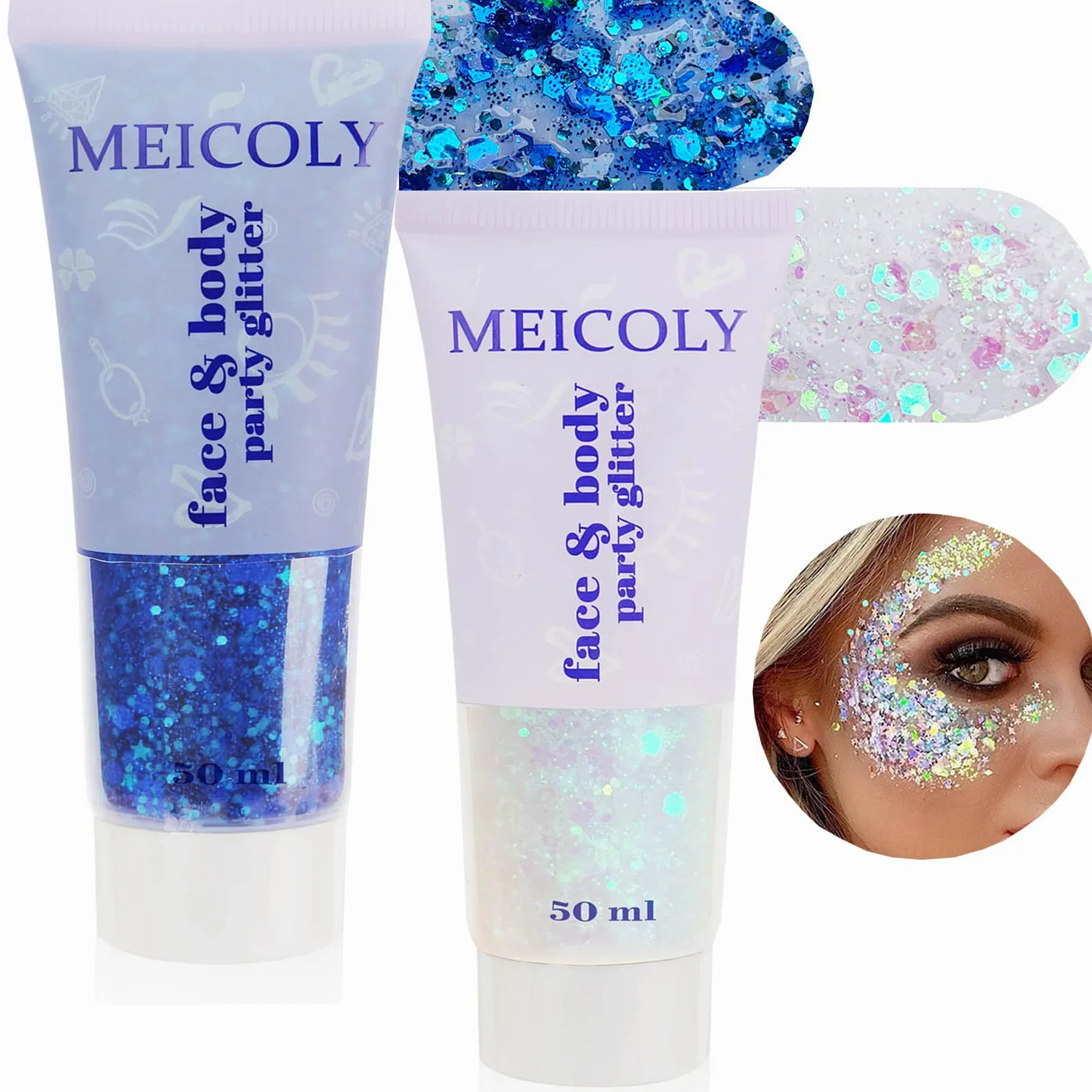 Gel glitterato olografico liquido glitter glitter per il corpo, con paillettes a forma di sirena, grosso glitter per viso, occhi, labbra e unghie, 100 g, bianco e blu