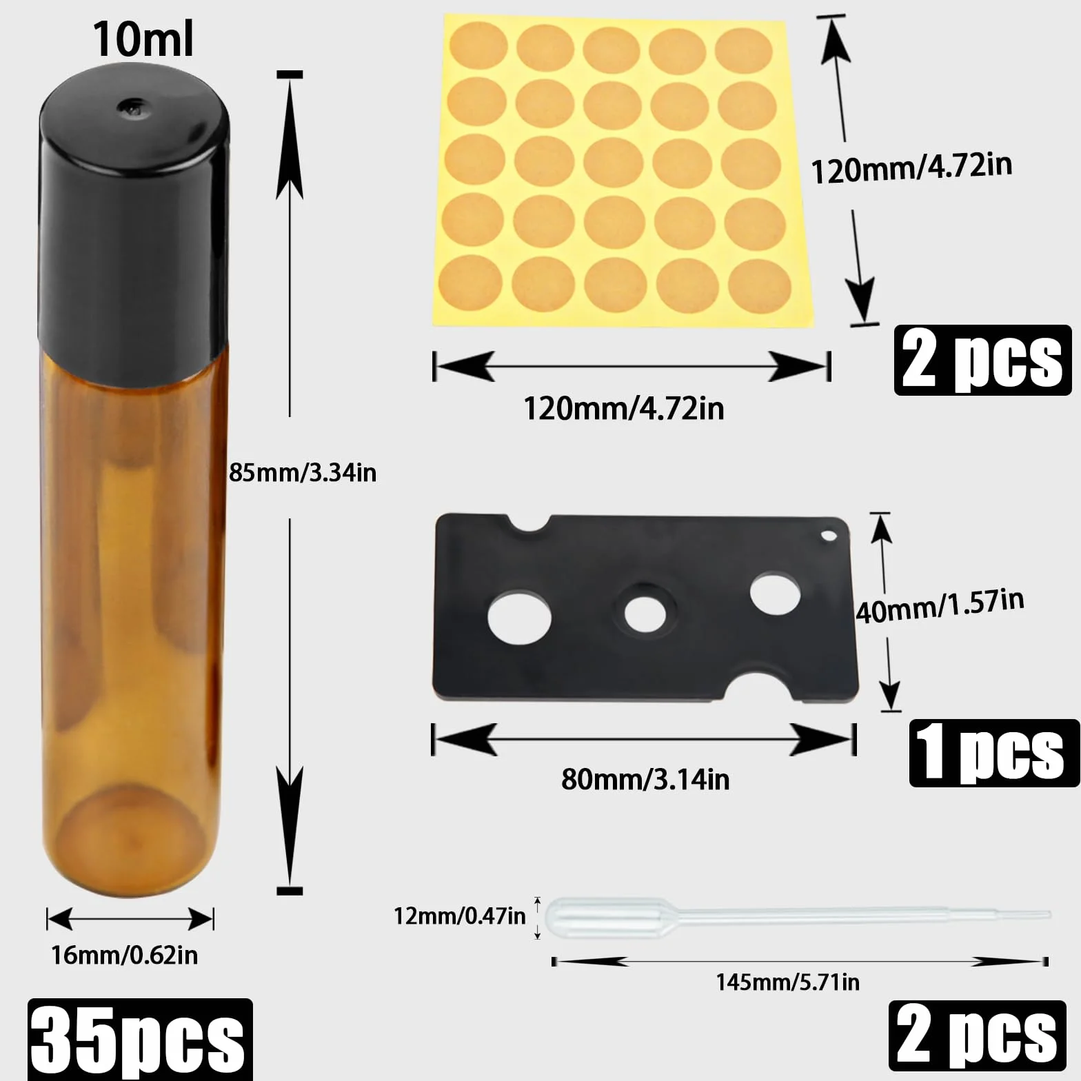 Roll on - Bottiglie di vetro per olio essenziale, 35 pezzi, colore marrone, rollon, vuote, 10 ml, per oli con rullo in acciaio inox, per oli essenziali, lozioni, profumi, massaggi