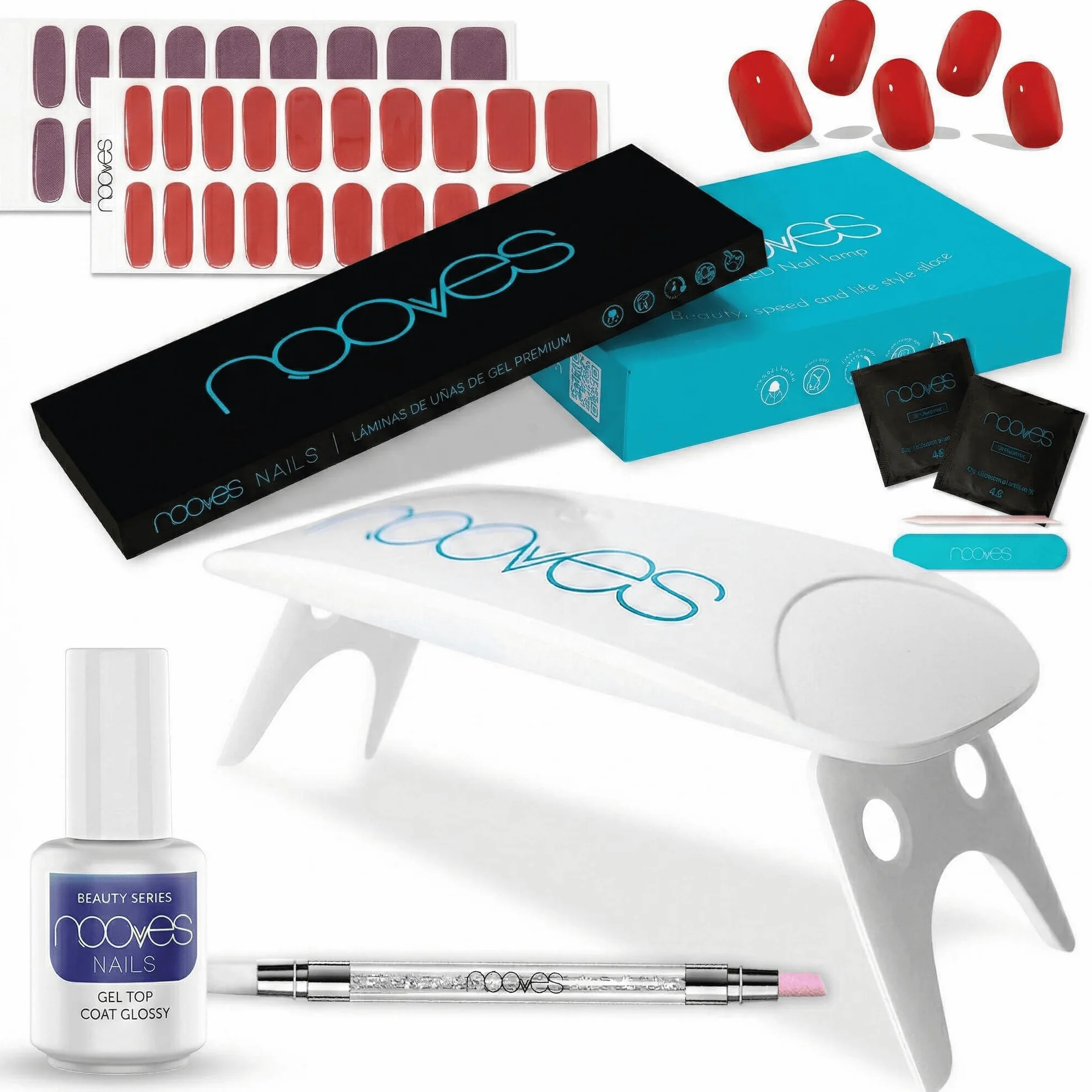 NOOVES - Starter Kit Beauty Red, 2 pellicole in gel per unghie + lampada per asciugatura unghie UV/LED + gel top coat glossy + quarzo doppio stick, unghie gel semi-curate premium, manicure, gel nail