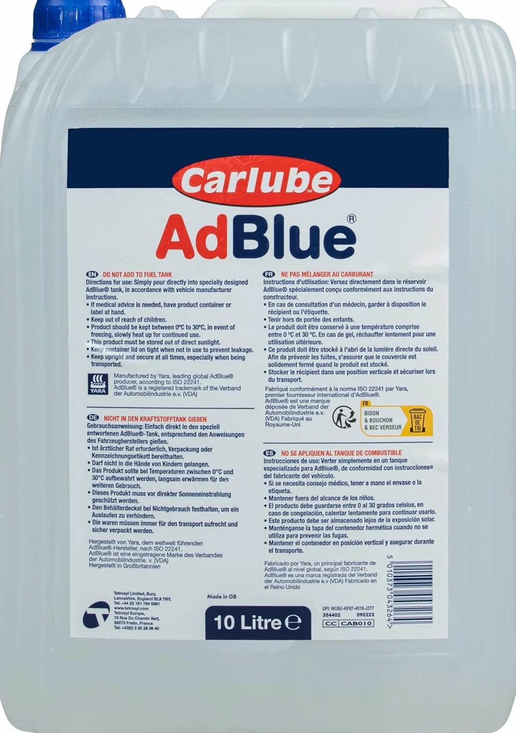 Carlube AdBlue 10L con Beccuccio Integrato Antigoccia, Fluido AUS32 per Motori Diesel Euro 4 5 6, Compatibile SCR, Riduce Emissioni NOx, Conforme ISO 22241