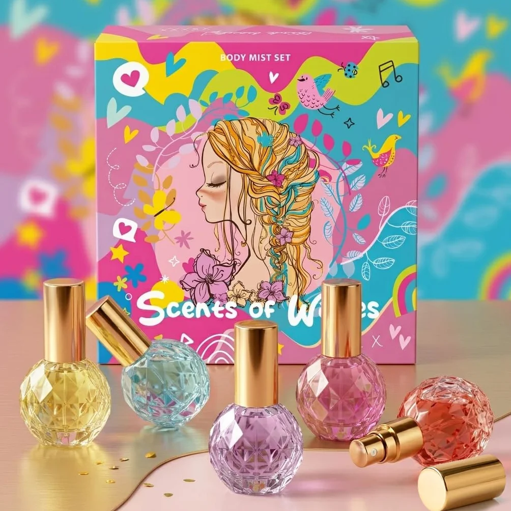 Set di Body Mist Ragazze Scents of Wishes 5 Flaconi Vetro Forma Diamante Profumi Esclusivi Bacche Frutti Agrumi Tropicale Floreale
