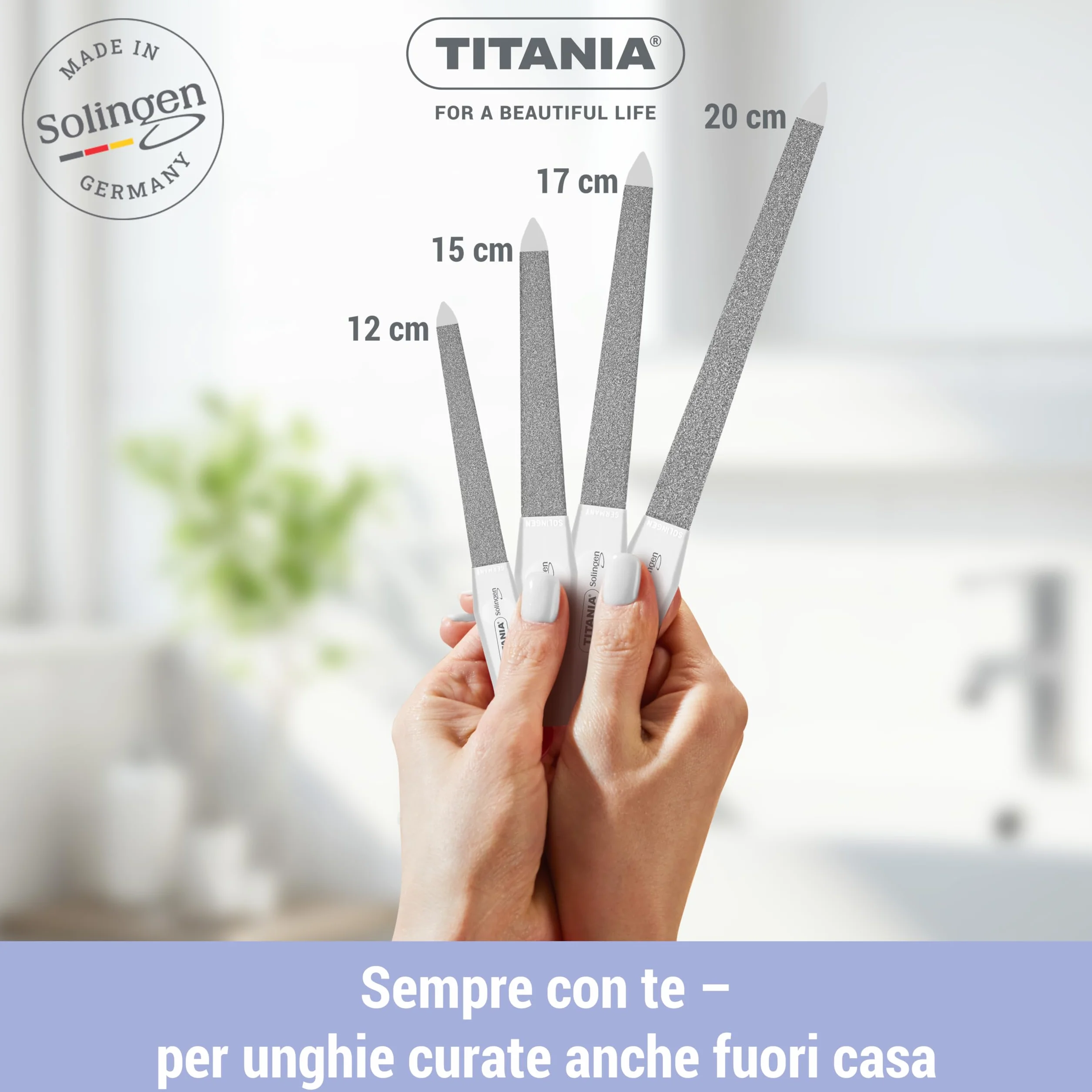 TITANIA® Solinger Saphir - Set di 4 lime per unghie professionali (12/15/17/20 cm) con manico bianco - Lima per unghie e unghie naturali - Lime di alta qualità per manicure e pedicure